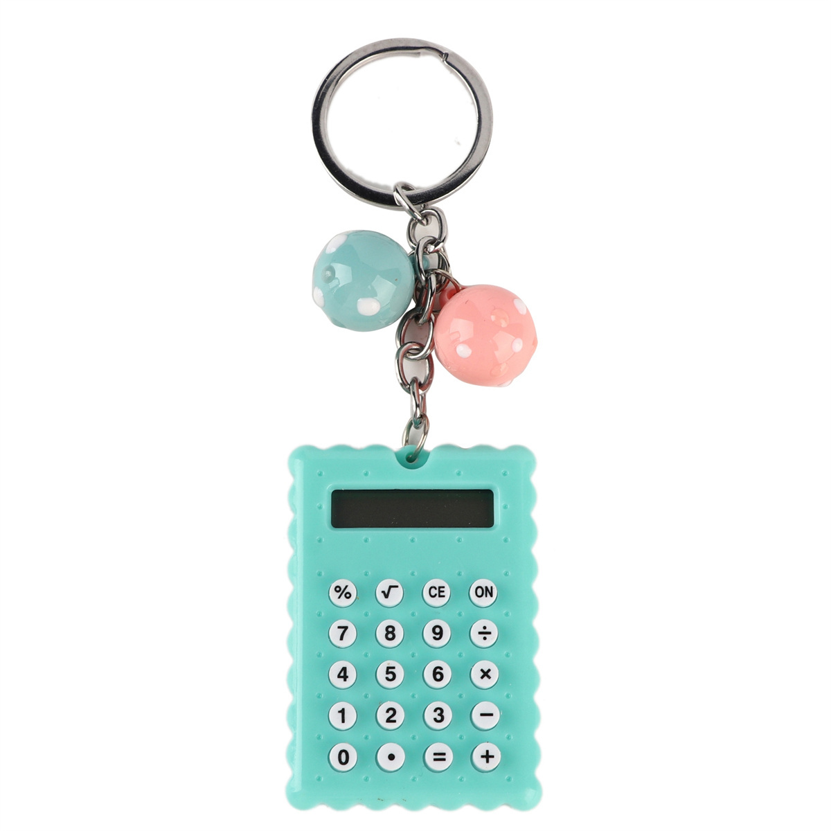 Ein Taschenrechner-Schlüsselanhänger in Türkis mit rosa und blauen Pompons.