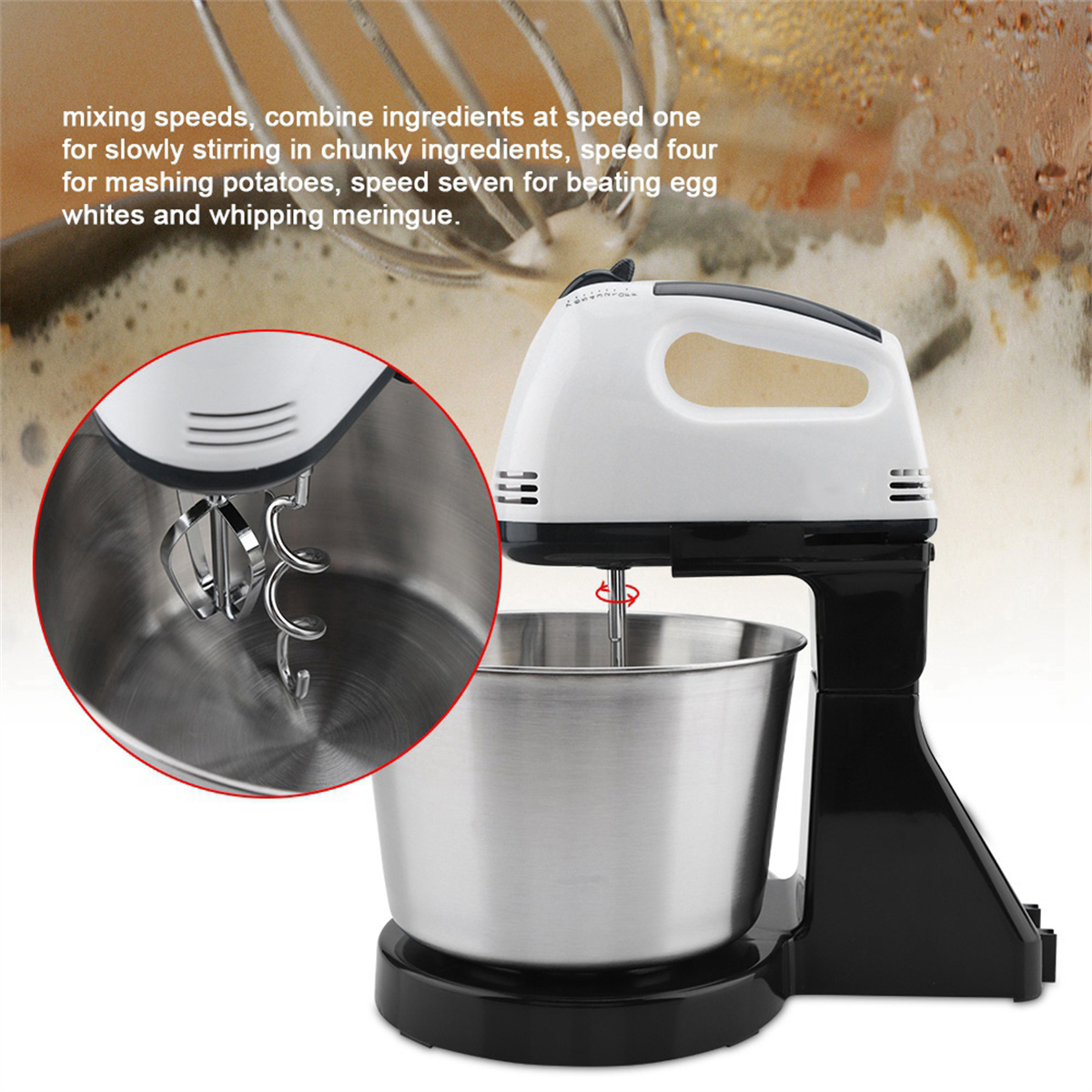 Ein weißer und schwarzer Mixer mit einer Metallschüssel. Text über Mischgeschwindigkeiten wird angezeigt.