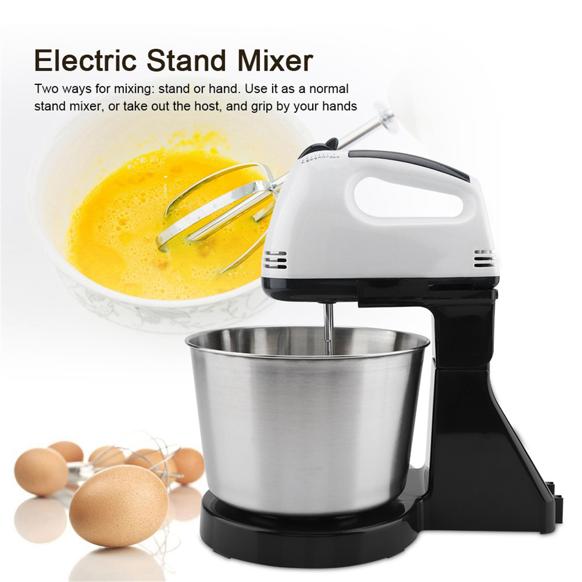 Elektrischer Standmixer mit Rührschüssel, Eiern und Schneebesen. Weißer und schwarzer Mixer mit Anweisungen im Hintergrund.