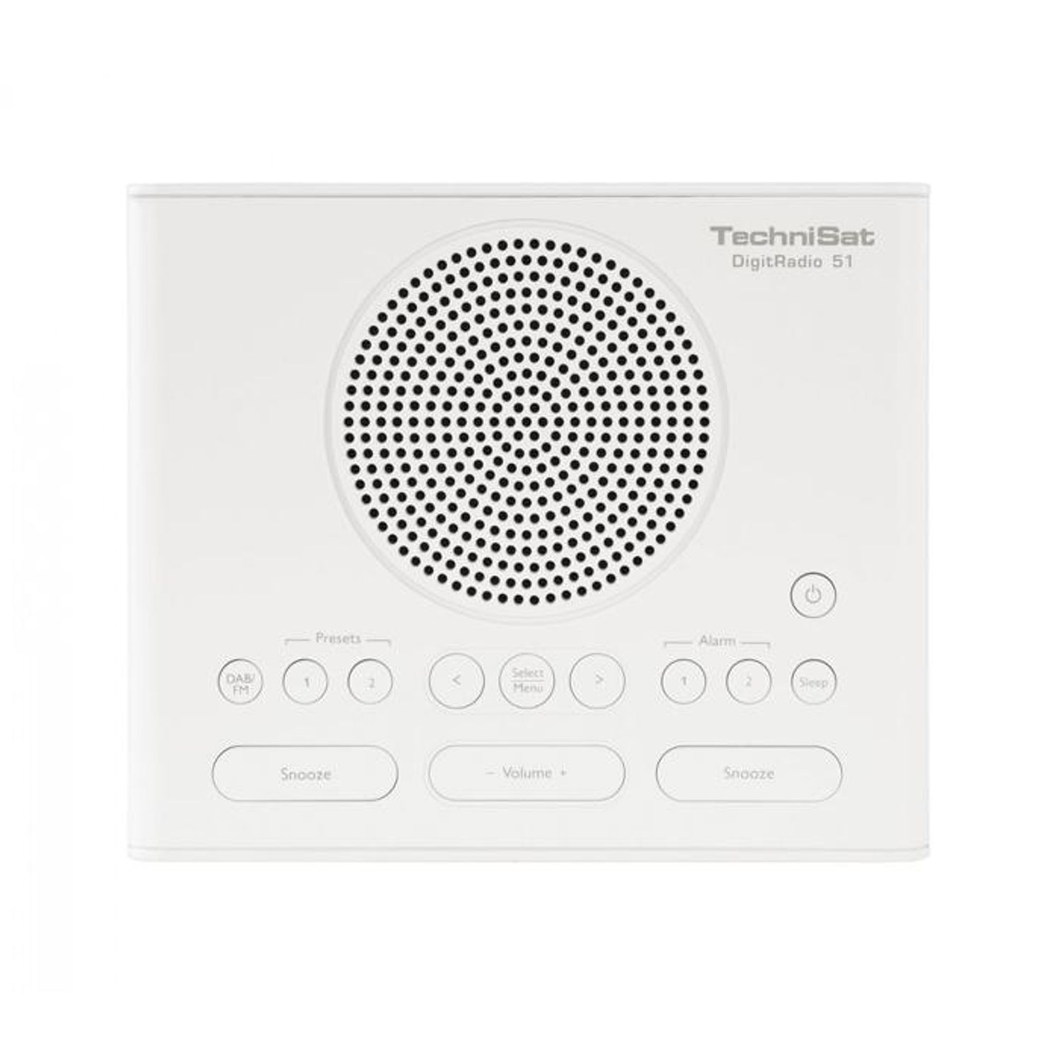 Weißes TechniSat-Radio mit kreisförmigem Lautsprechergrill und Bedientasten. Text auf dem Radio. Weißer Hintergrund.