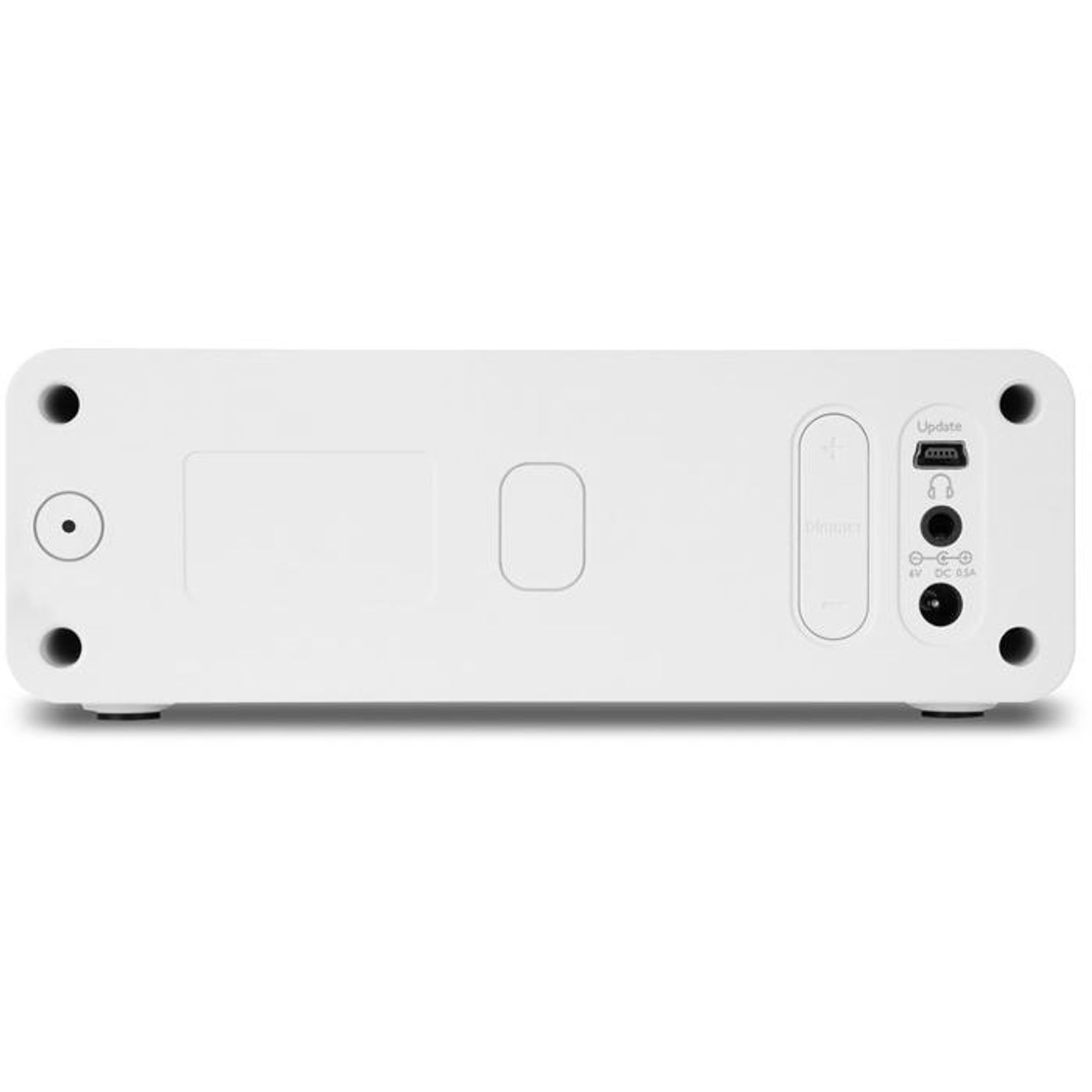 Weißes Gerät mit Knöpfen und Anschlüssen. Es hat einen Lautsprecher, einen Update-Anschluss und verschiedene Verbindungsoptionen.