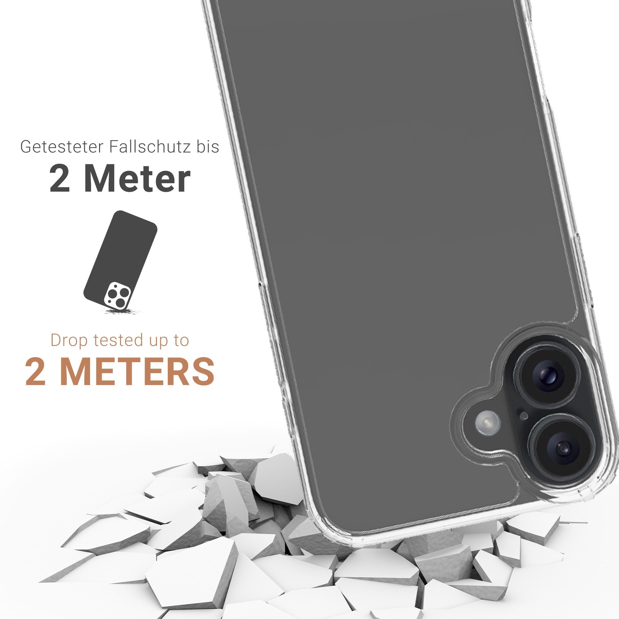 Transparente Handyhülle mit Rissen und Telefon. Weißer Hintergrund.