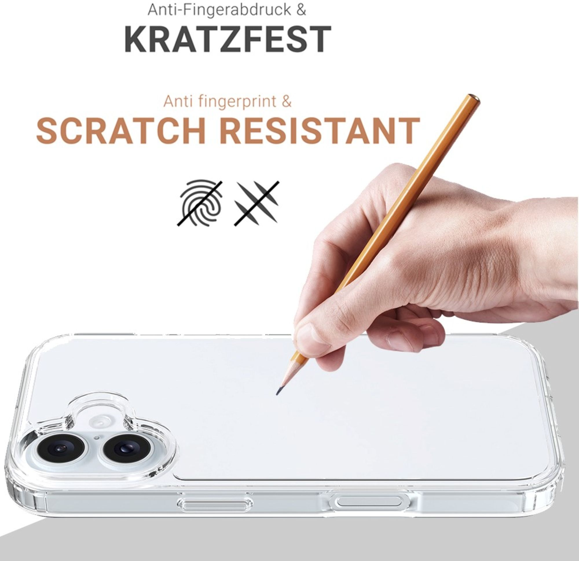 Transparente Handyhülle mit Bleistift, der darauf zeigt, Text auf Deutsch.