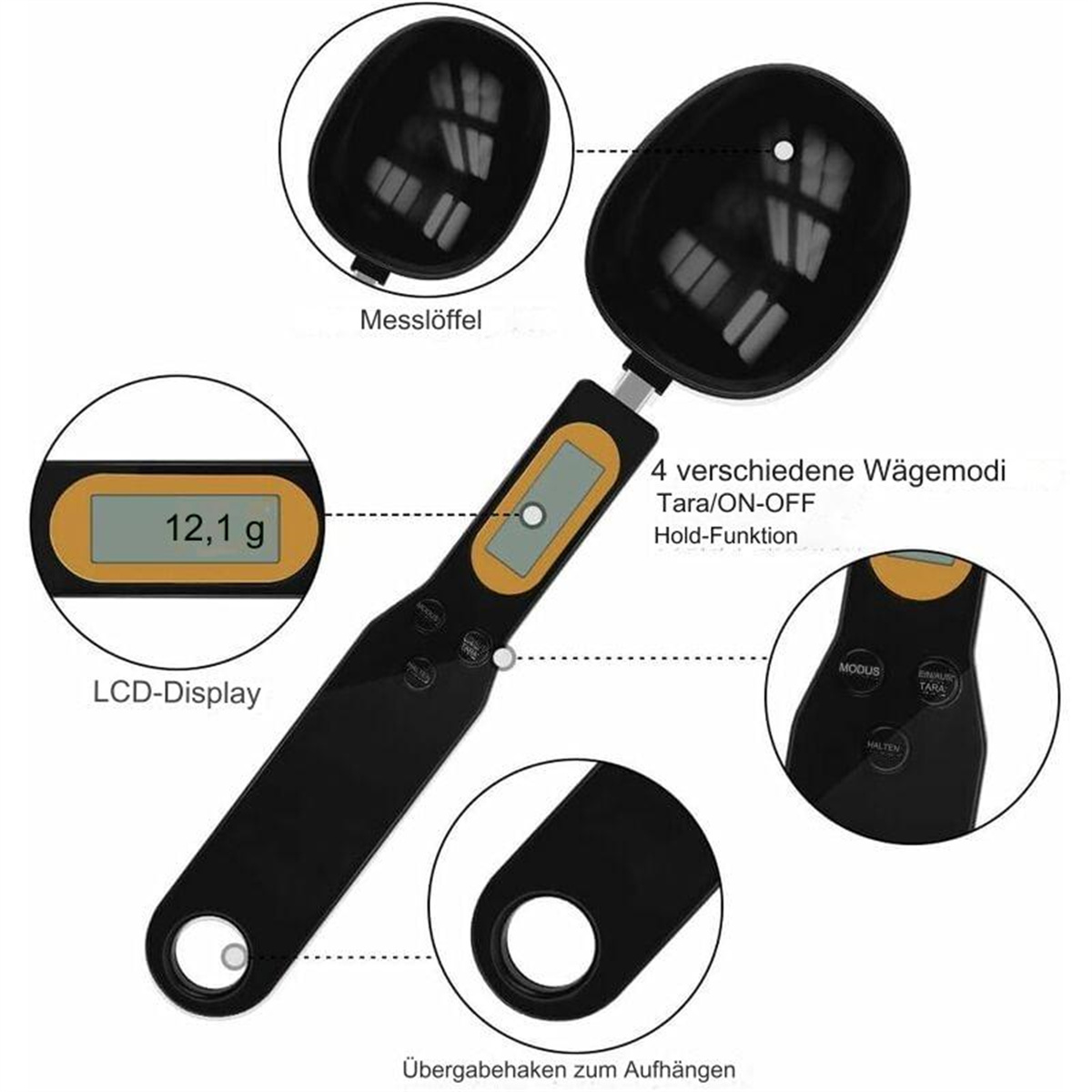 Eine schwarze digitale Küchenwaage mit Löffel, LCD-Anzeige mit 12,1g und beschrifteten Funktionen.