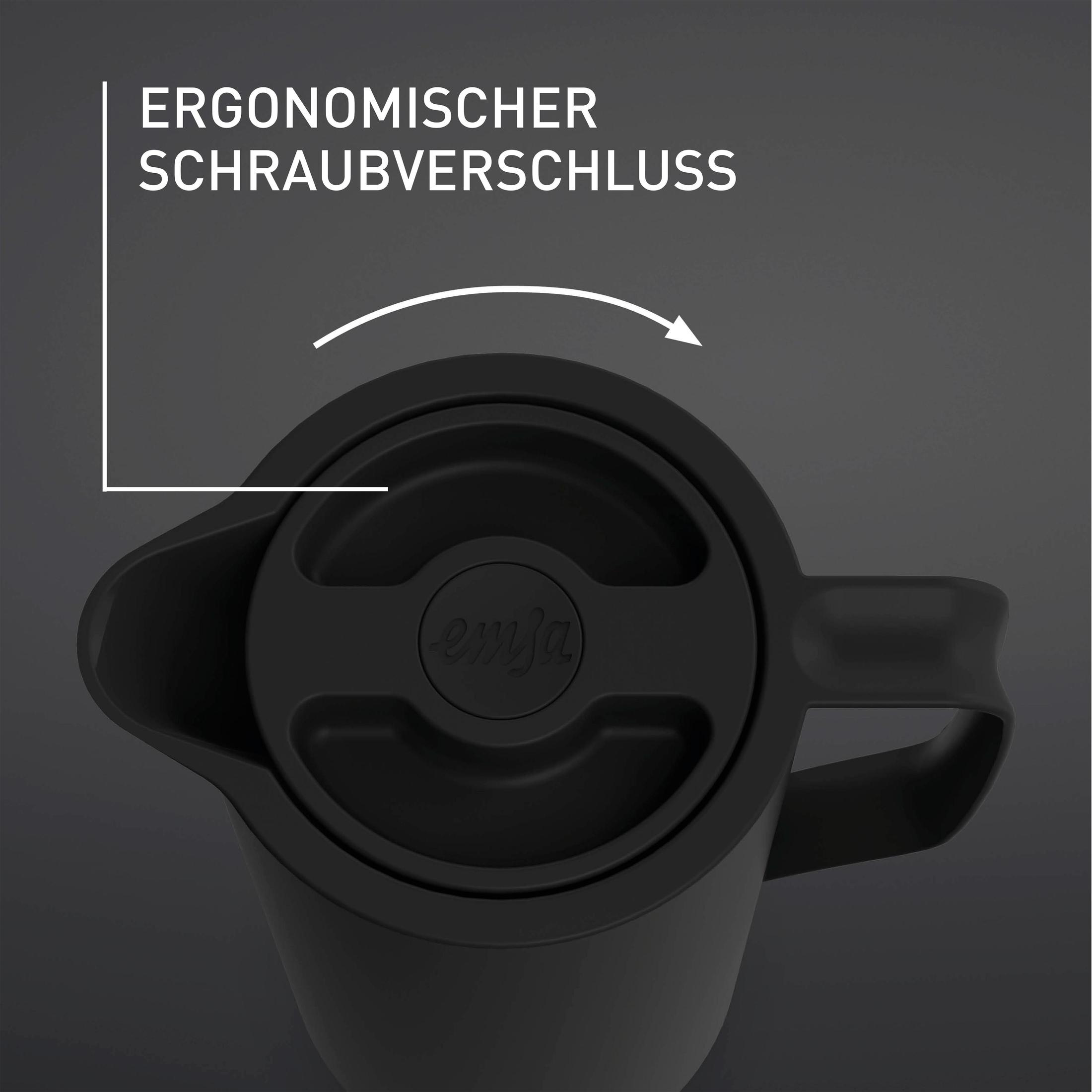 Schwarze Thermoskanne, Draufsicht, mit Text und Pfeil. Dunkelgrauer Hintergrund.