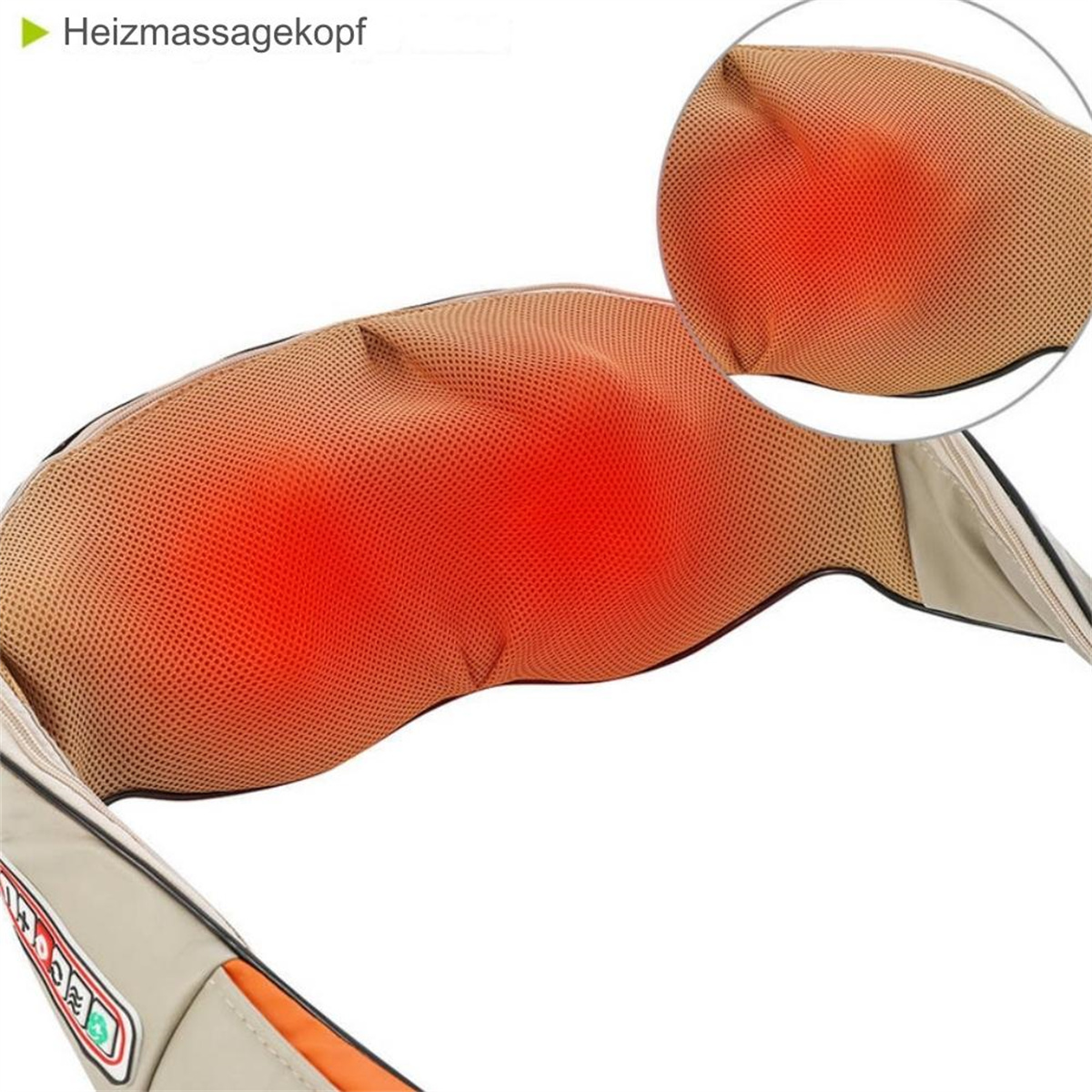 Ein beiges Massagekissen mit Heizelement, rot hervorgehoben.