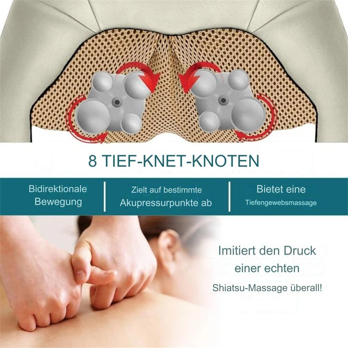 Ein Körpermassagegerät mit Text und Diagrammen. Zwei Massageköpfe und die Hände einer Person sind sichtbar.