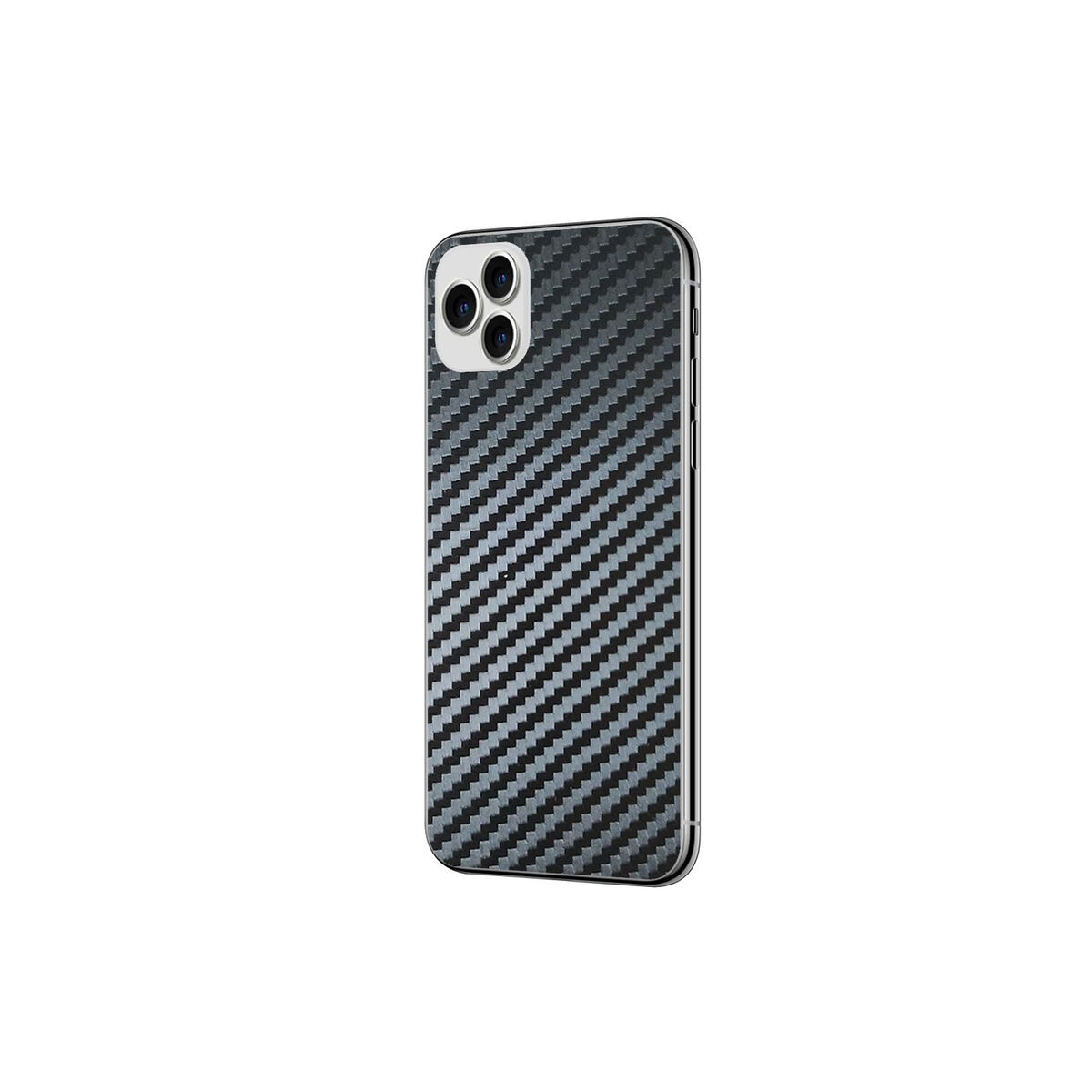 Custodia posteriore per smartphone con texture in fibra di carbonio, nero e grigio.