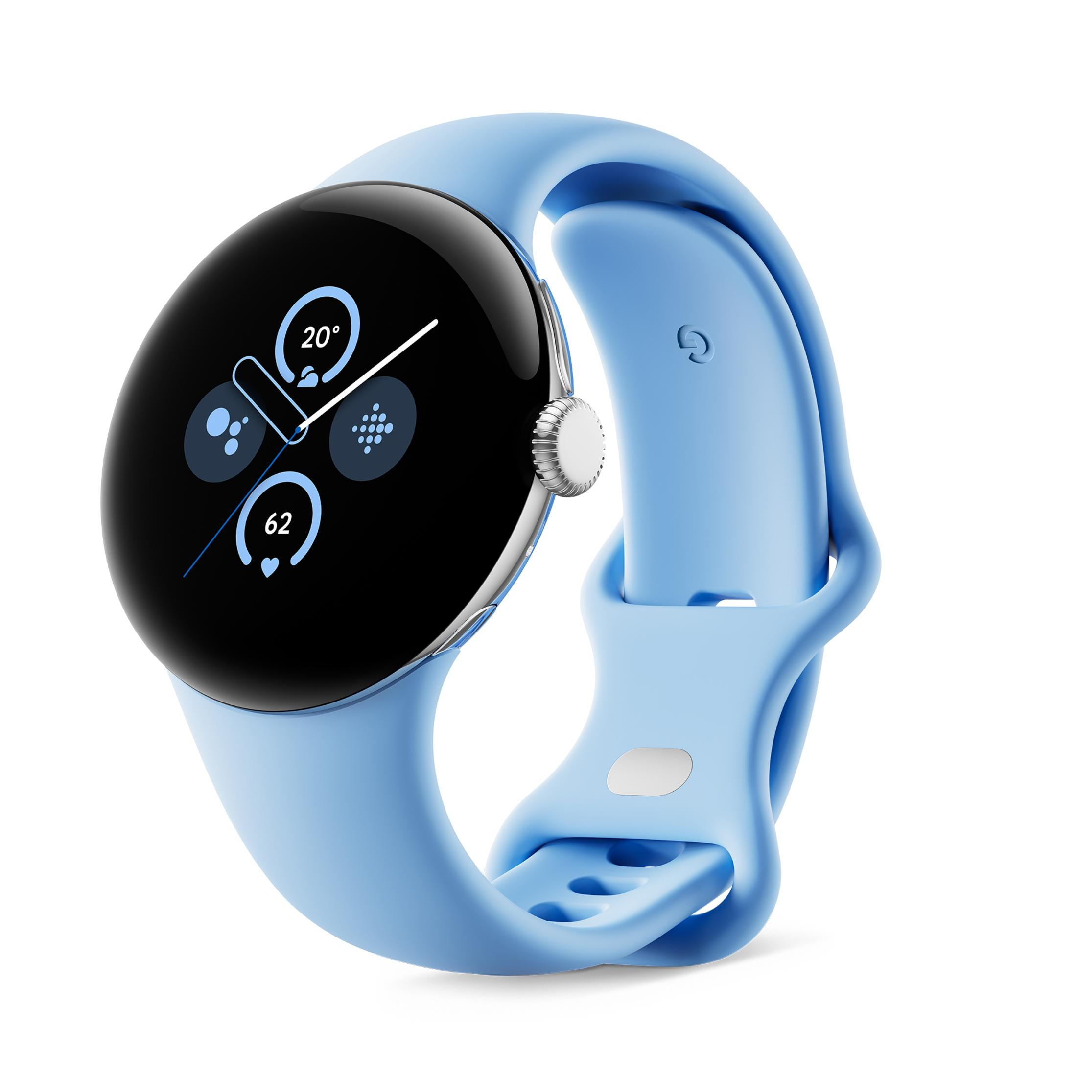 Niebieski smartwatch z czarnym ekranem wyświetlającym dane, na jasnoniebieskim pasku.