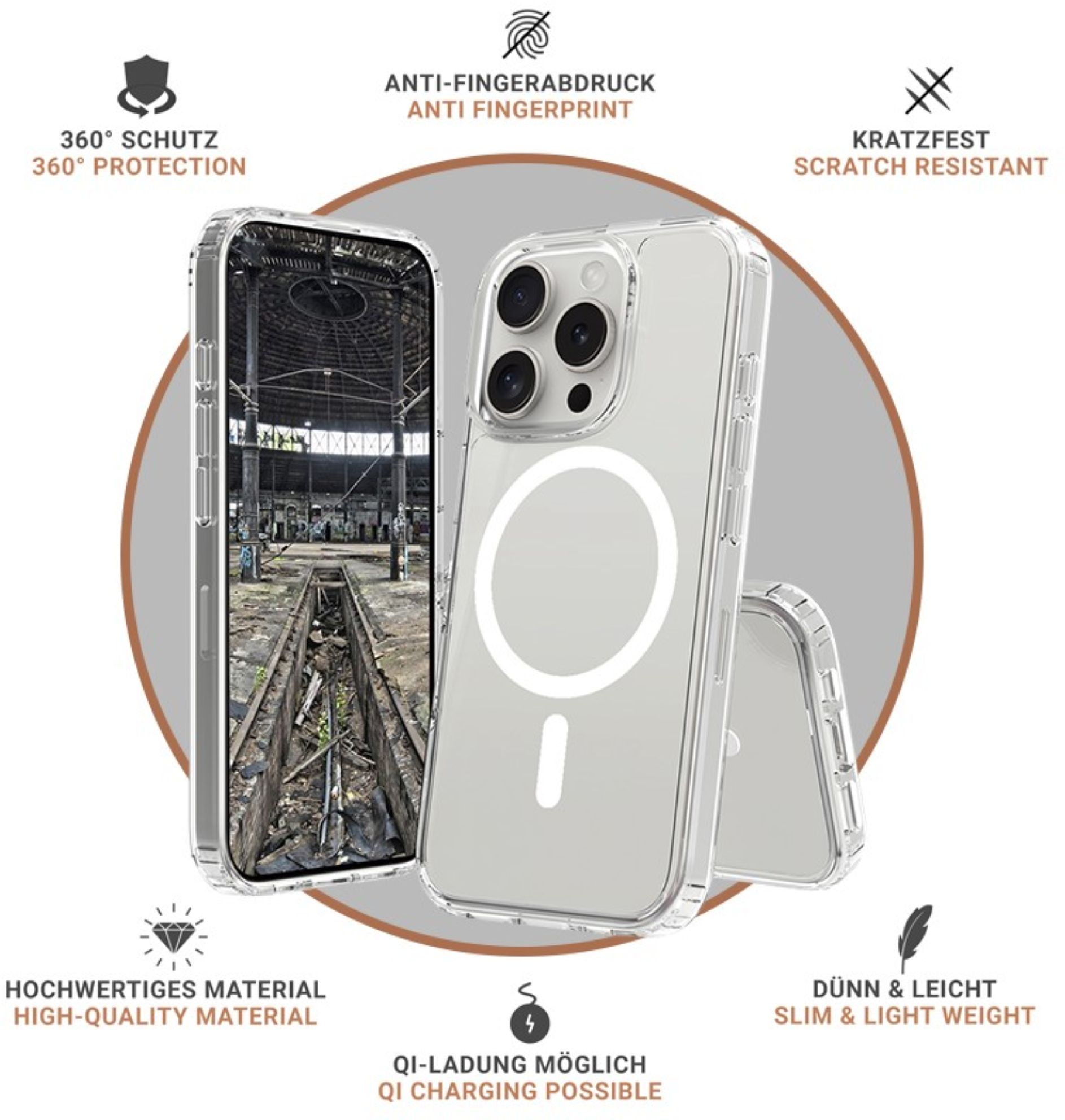 Coque de téléphone transparente avec un téléphone à l'intérieur, montrant la protection 360 et la recharge sans fil.