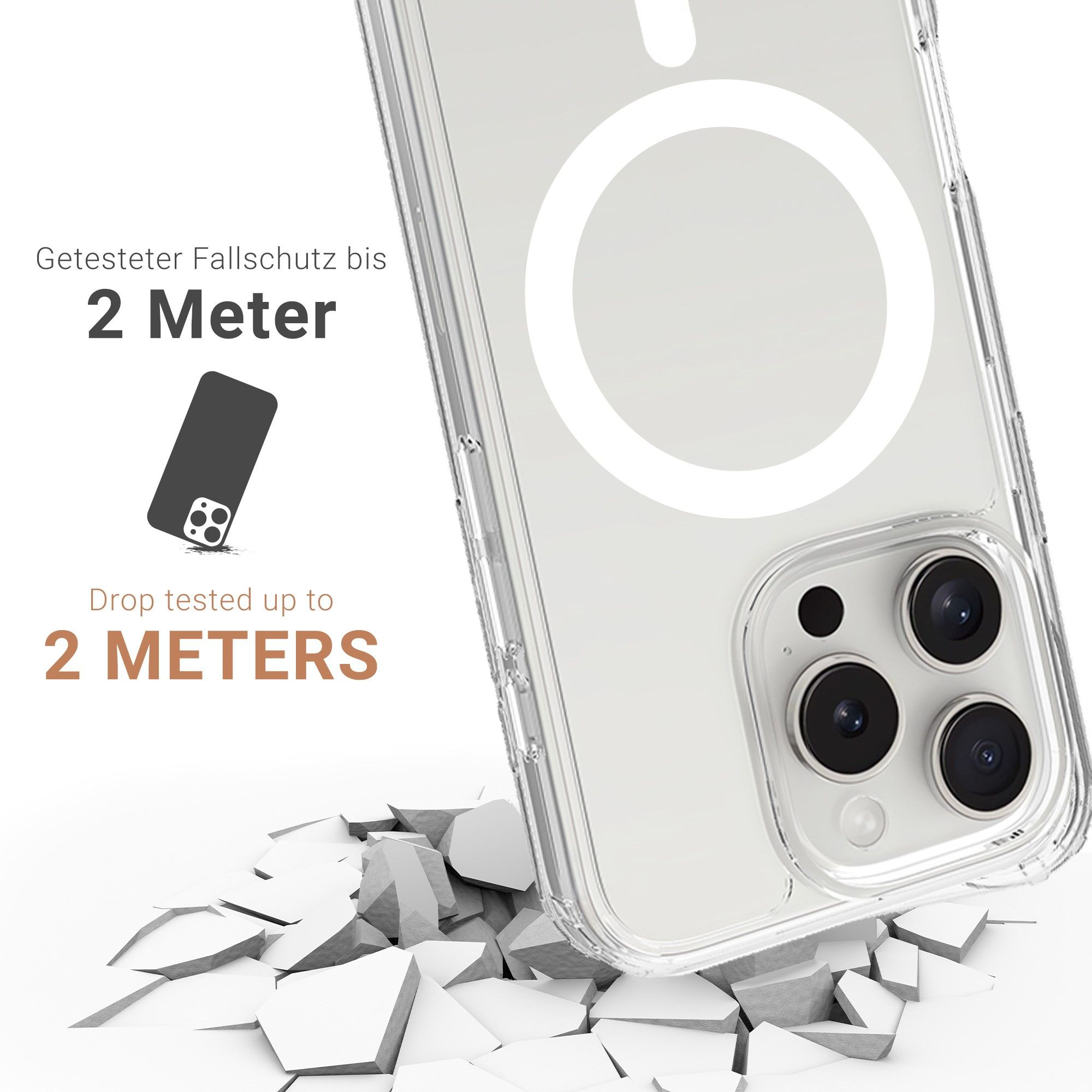 Coque de téléphone transparente avec anneau blanc autour de la caméra et texte indiquant la protection contre les chutes.