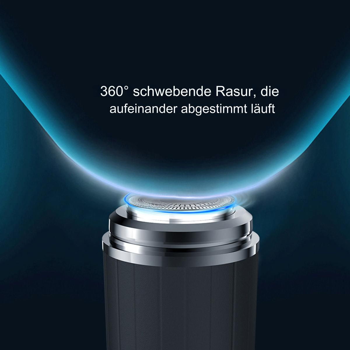 Nahaufnahme des Elektrorasiererkopfes. Blaues Licht hebt die Rasierfläche hervor.