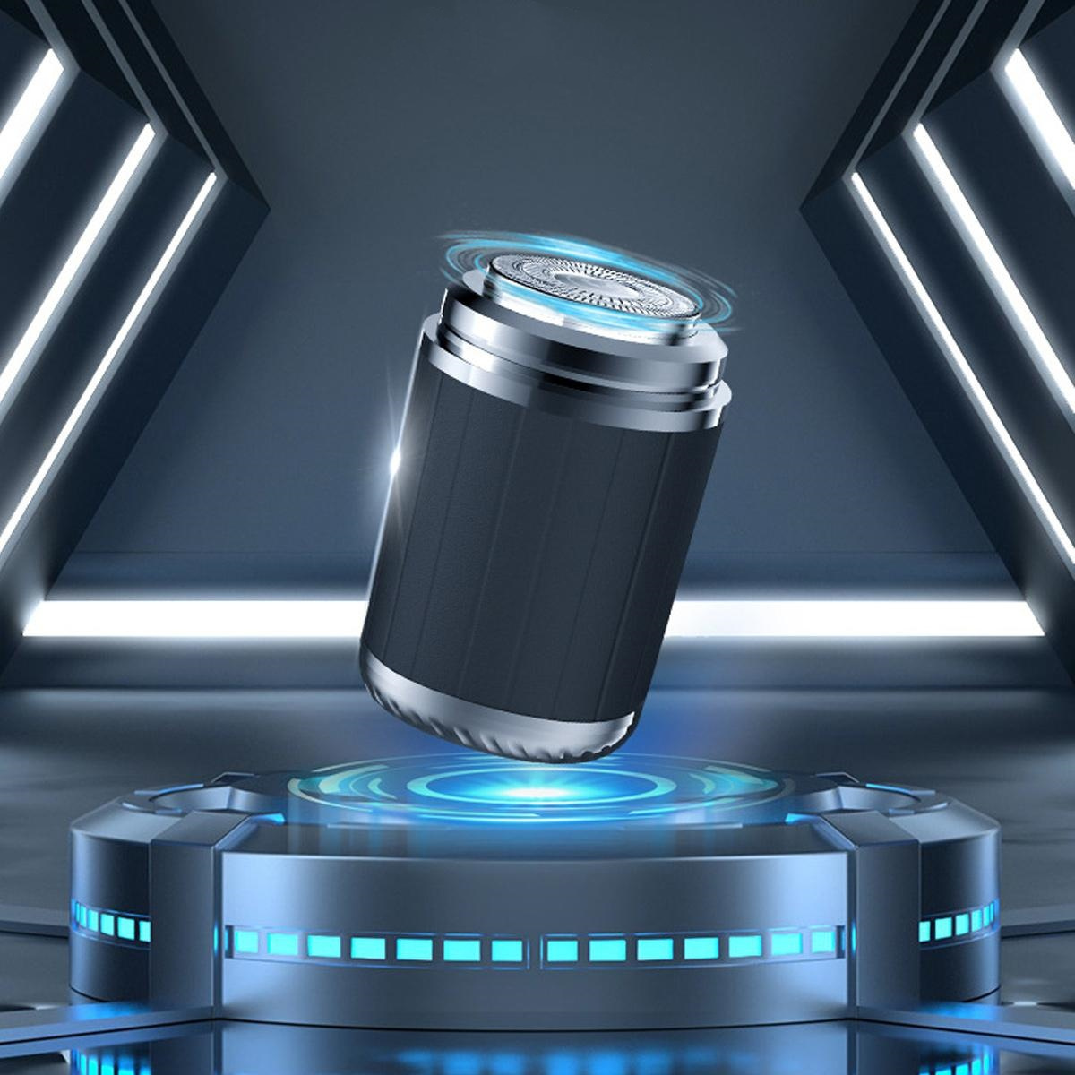 Schwarz-silberner Rasierer schwebt auf einem Podest, mit blauem Tech-Hintergrund.