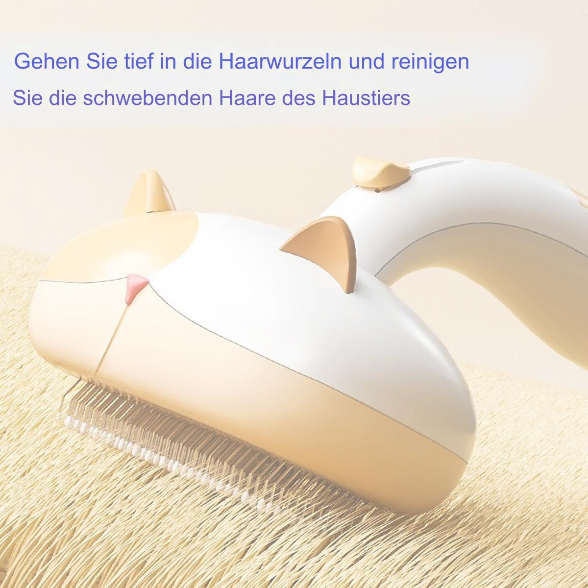 Ein katzenförmiges Haustierpflege-Werkzeug mit Text oben, vor verschwommenem Hintergrund.