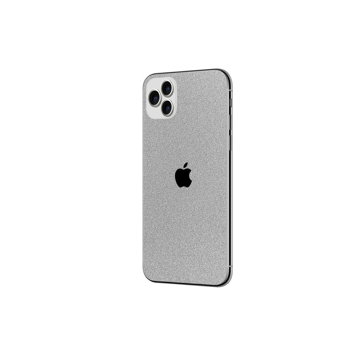 iPhone argento con custodia strutturata. Logo Apple visibile. Sfondo bianco. Tripla fotocamera.