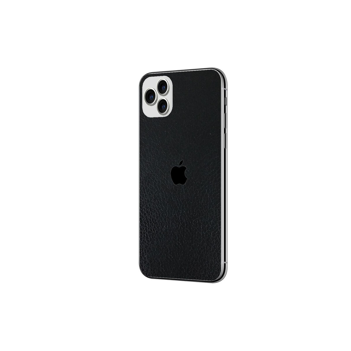 Telefono nero con retro nero effetto pelle e logo Apple. Il retro ha lenti della fotocamera.