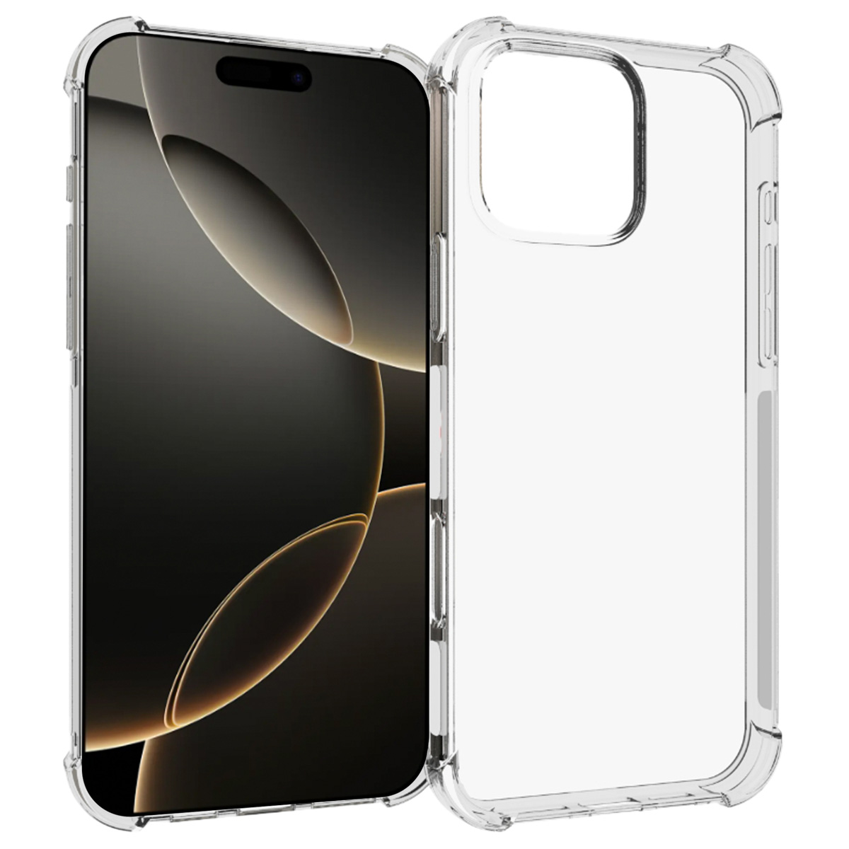 Een telefoon in een doorzichtige hoes. De telefoon is zwart. Toont een doorzichtige hoes met een telefoon.
