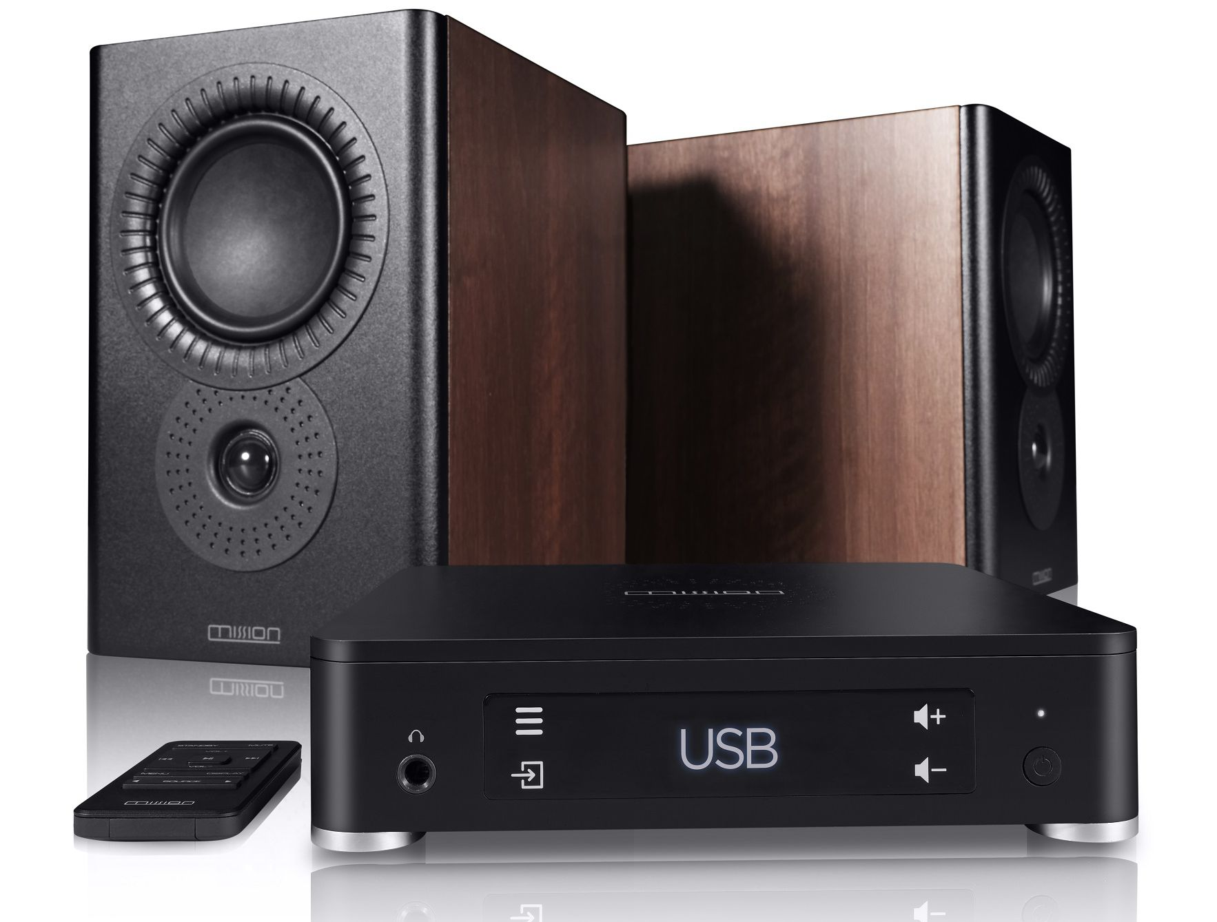 Sistema audio nero con due altoparlanti, un'unità centrale e un telecomando.