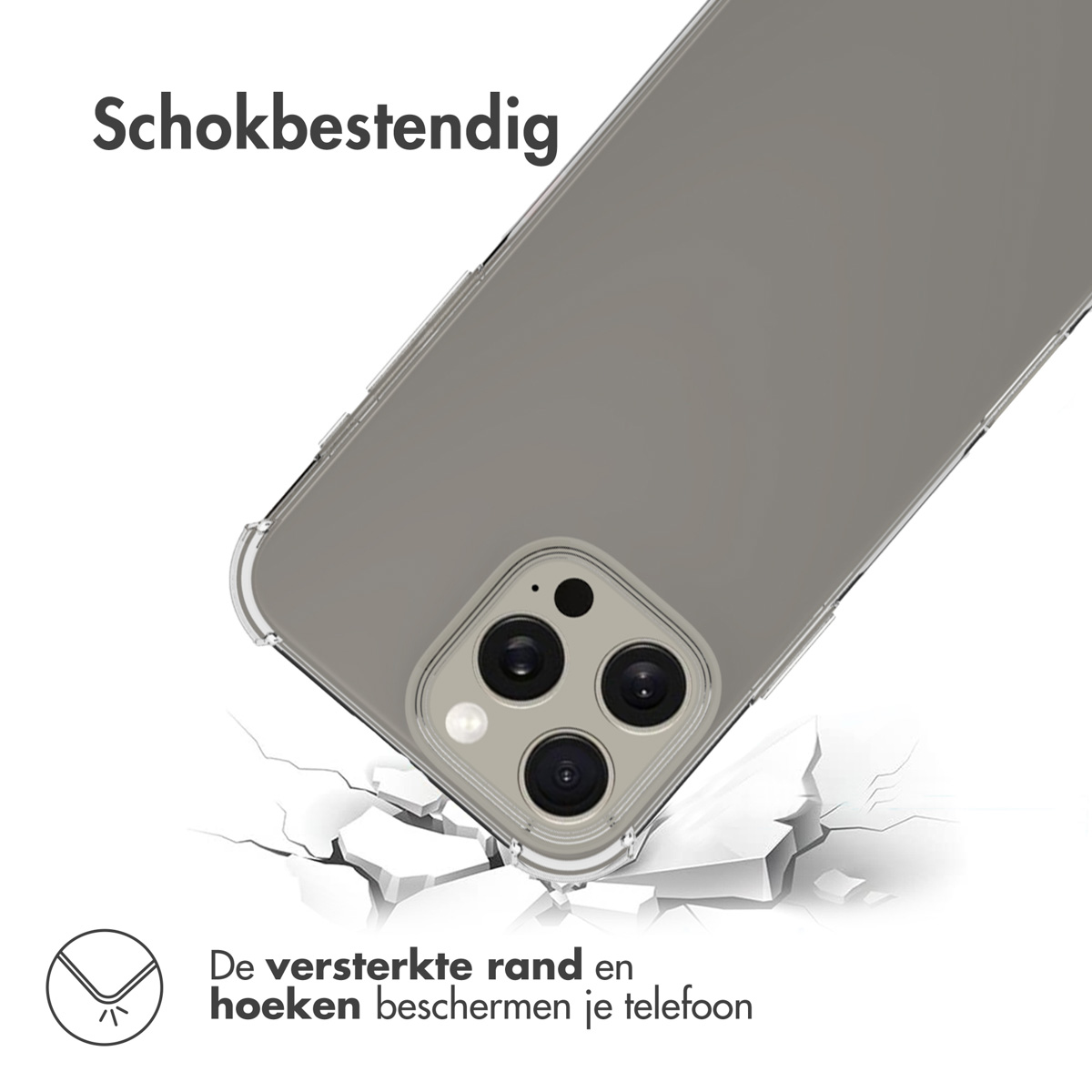 Telefoonhoesje op gebarsten oppervlak met tekst 'Schokbestendig' & meer.