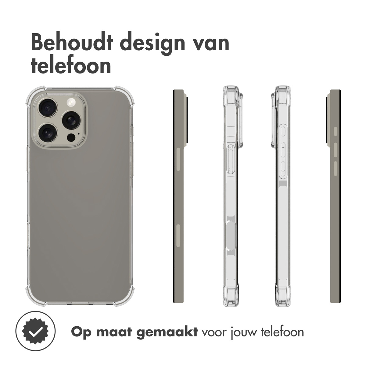 Telefoonhoesje met een telefoon erin, dat het ontwerp laat zien. Grijze telefoon met een doorzichtige hoes.