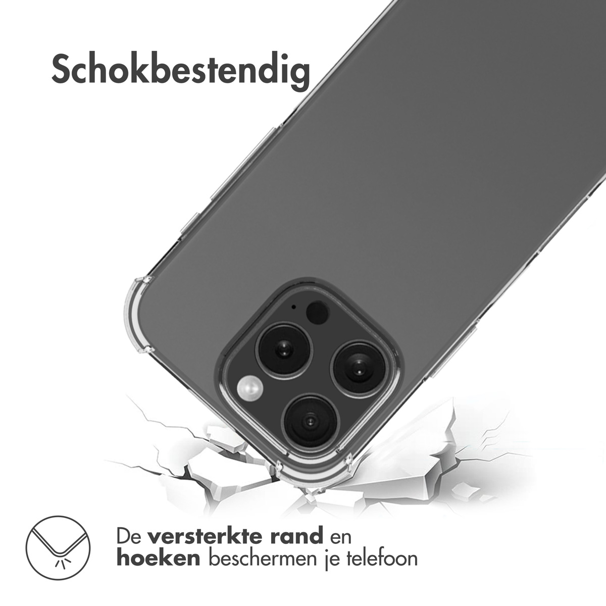 Telefoonhoesje. Tekst: De versterkte rand en hoeken beschermen je telefoon.