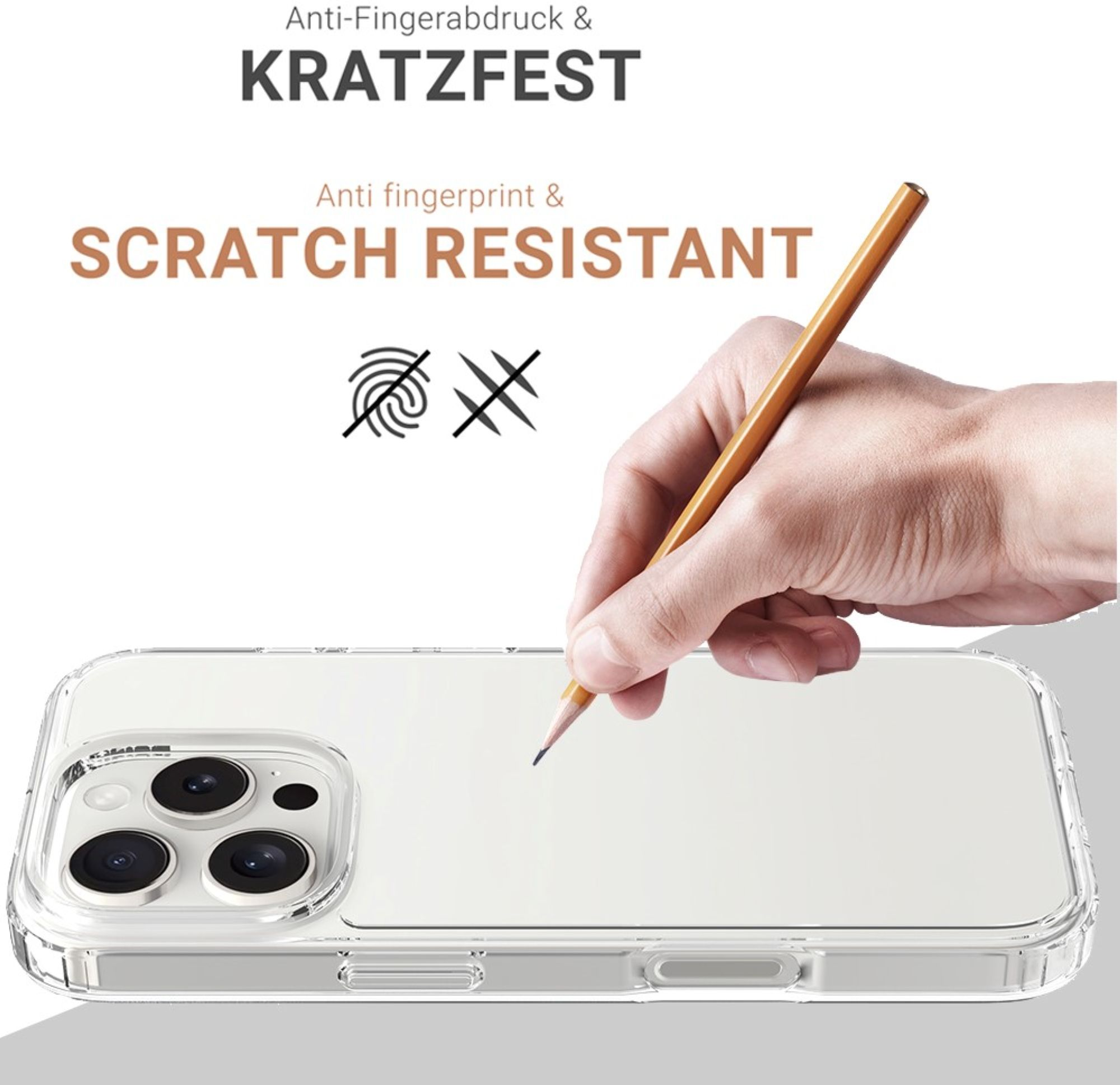 Coque transparente avec dessin au crayon. Texte : Anti-Fingerabdruck & Kratzfest, Anti fingerprint & scratch resistant.