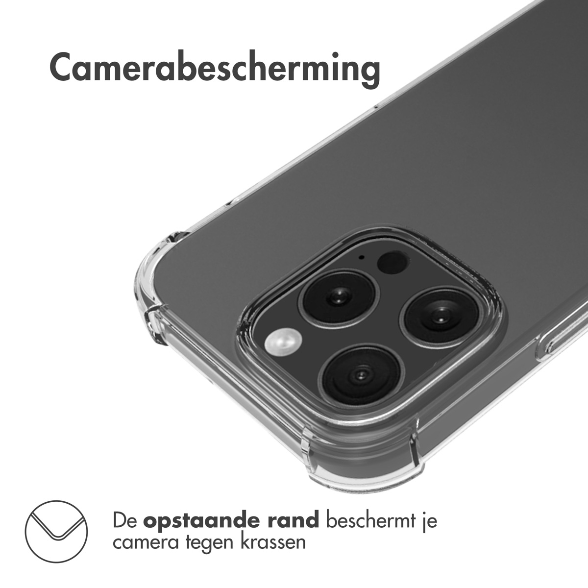 Een telefoonhoesje met een beschermende rand. De cameralenzen zijn zichtbaar, de tekst zegt 'Camera bescherming'.