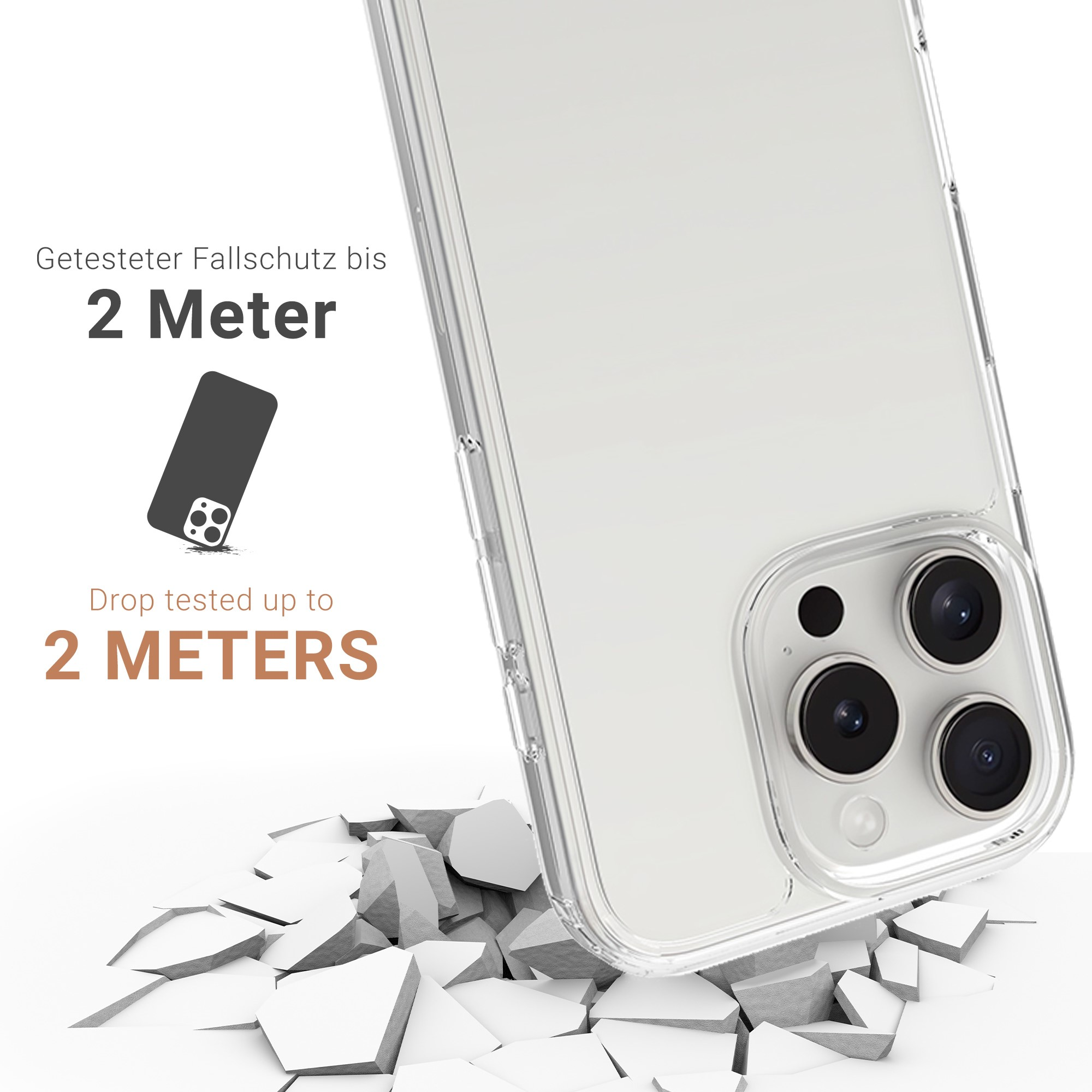 Coque de téléphone transparente avec texte sur la protection contre les chutes. Sur fond blanc.