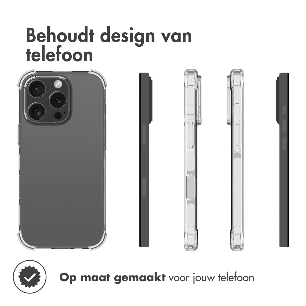 Telefoonhoesje met een telefoon erin. De hoes is transparant. De telefoon is grijs. Tekst zegt 'Behoudt ontwerp van telefoon'.