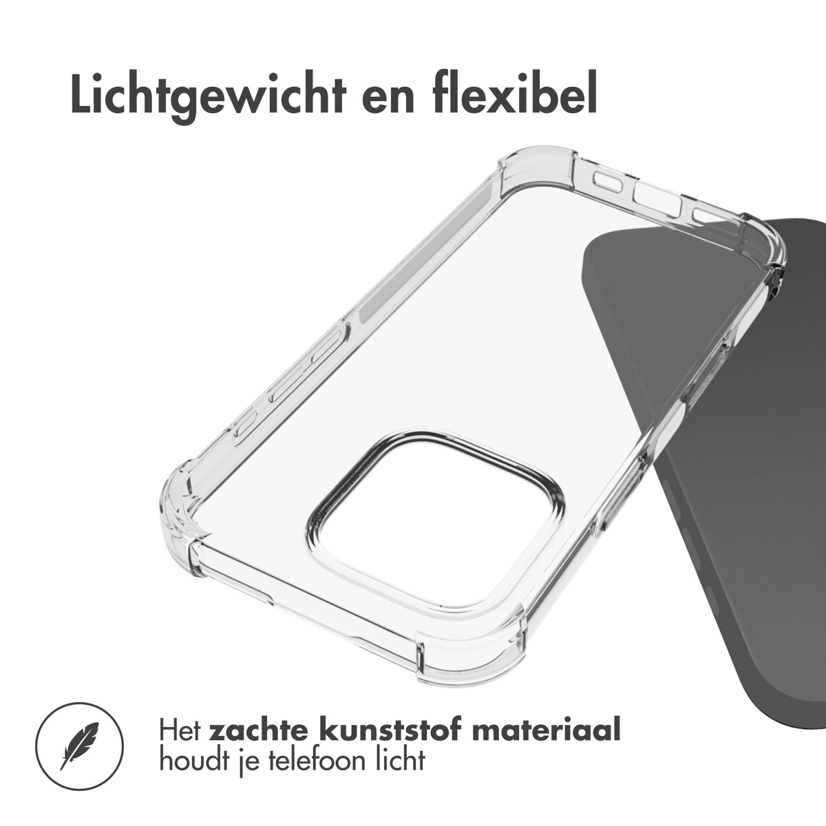 Een doorzichtige telefoonhoes wordt getoond. De hoes is licht en flexibel, met een telefoon erin.