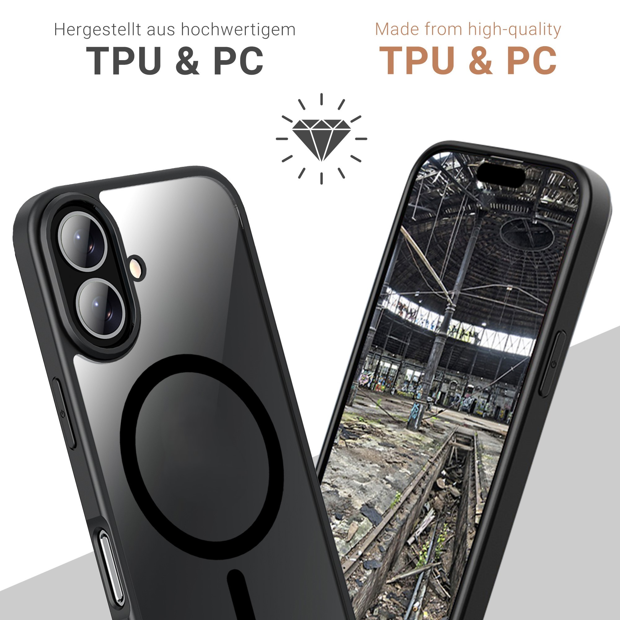iPhone-Hülle, transparent mit schwarzem Rand. Telefon innen. Text: Hergestellt aus hochwertigem TPU & PC.