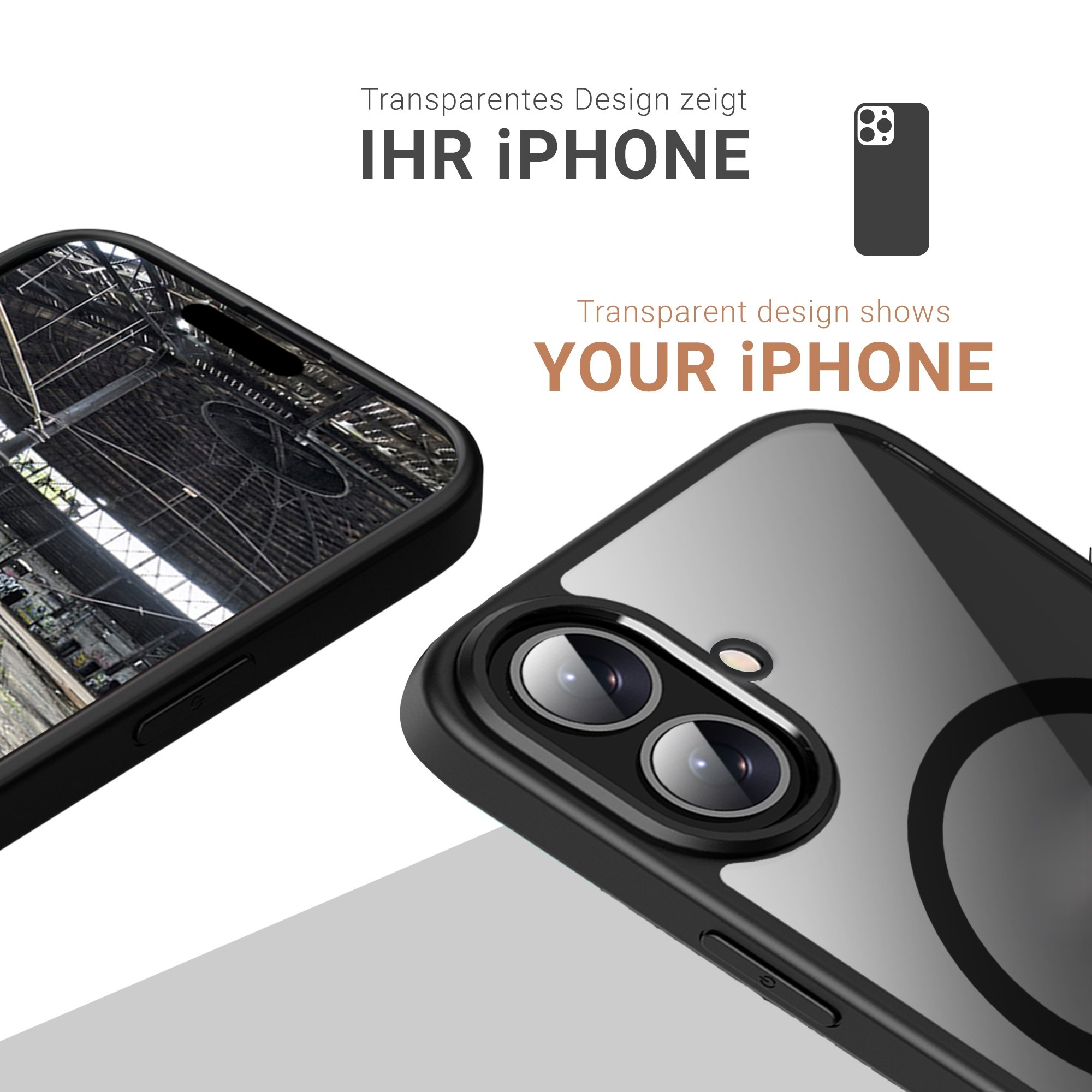 Schwarze transparente Handyhülle, die ein iPhone zeigt. Die Rückseite des iPhones ist sichtbar.