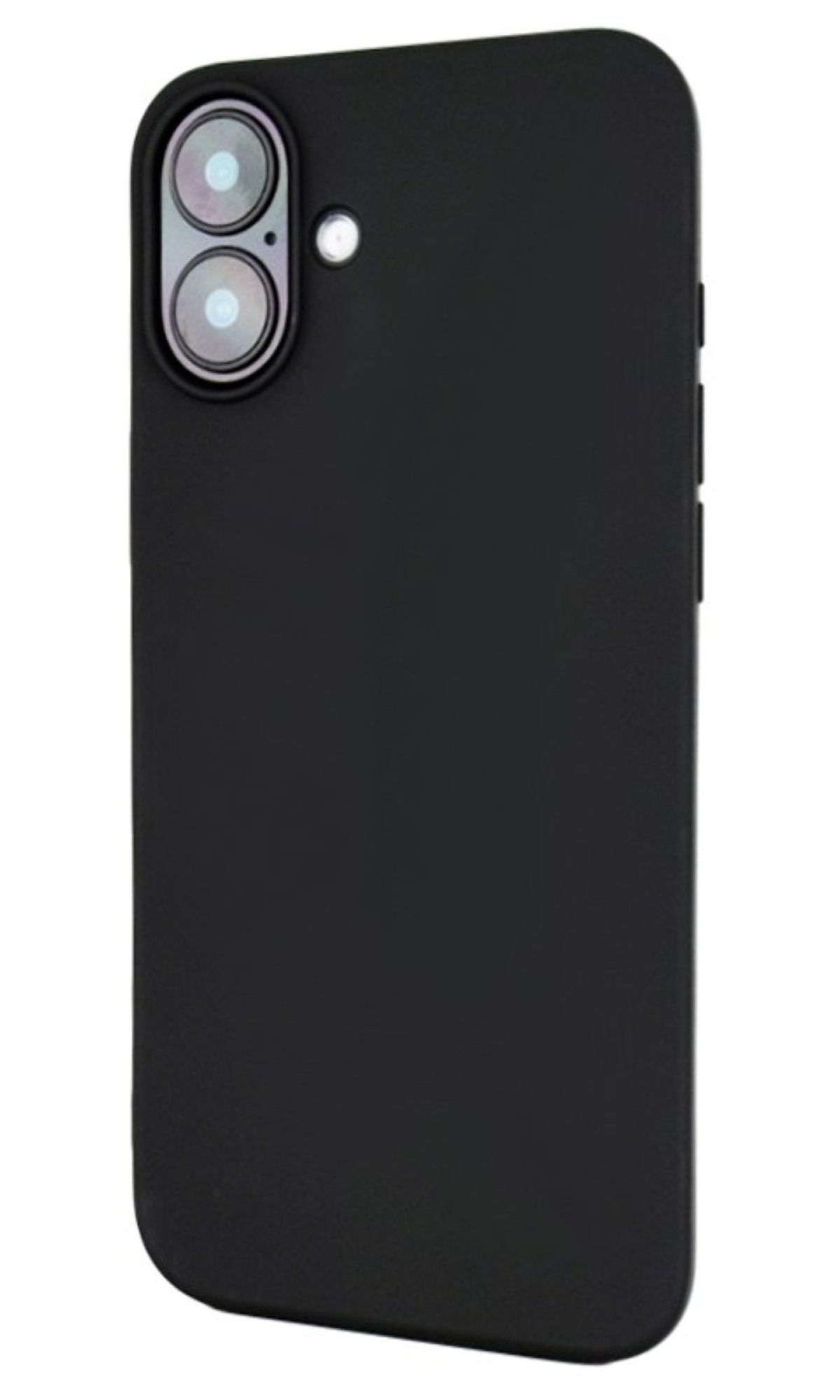 Une coque de téléphone noire avec deux découpes pour l'appareil photo. La marque n'est pas visible.