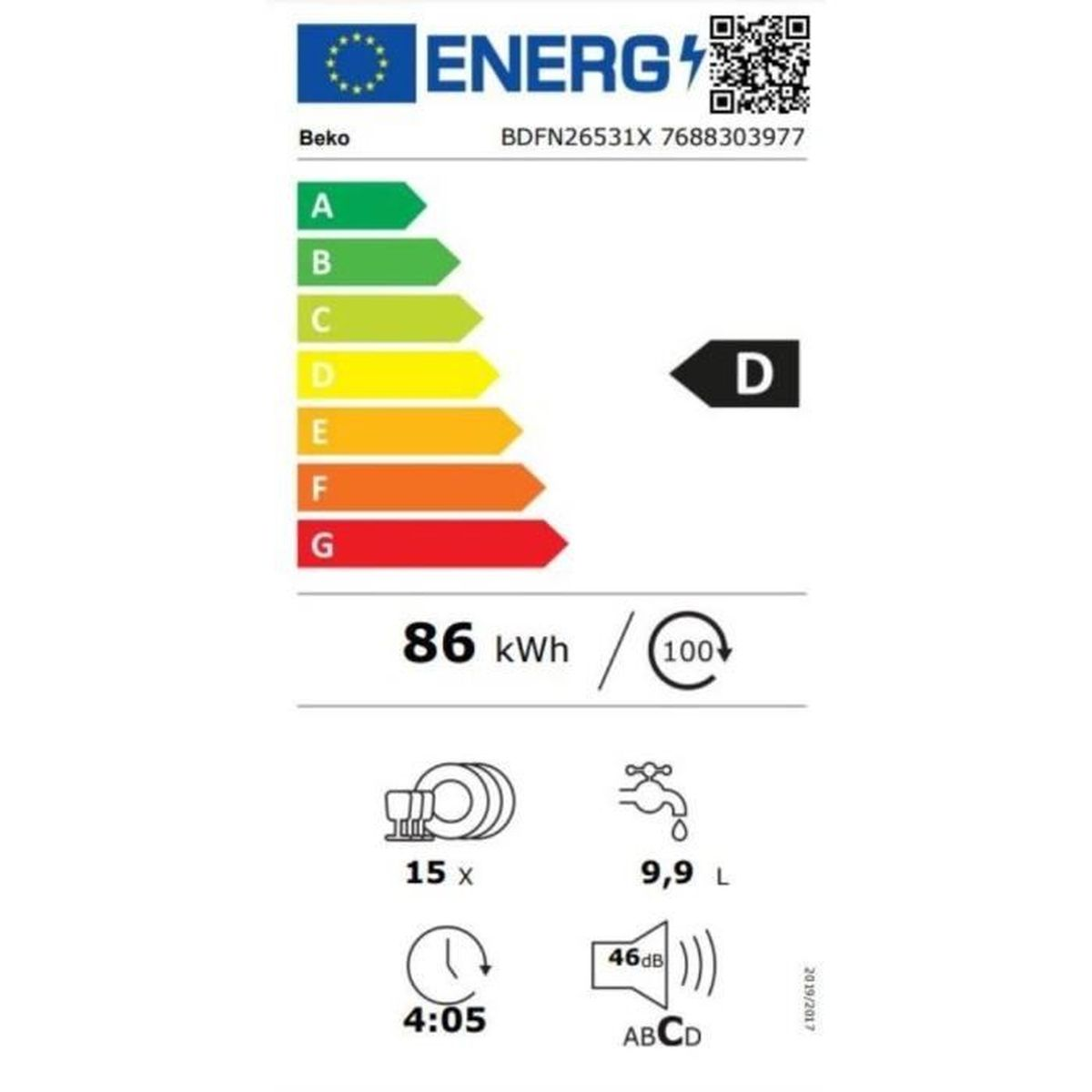 Une étiquette d'efficacité énergétique pour un lave-vaisselle Beko.