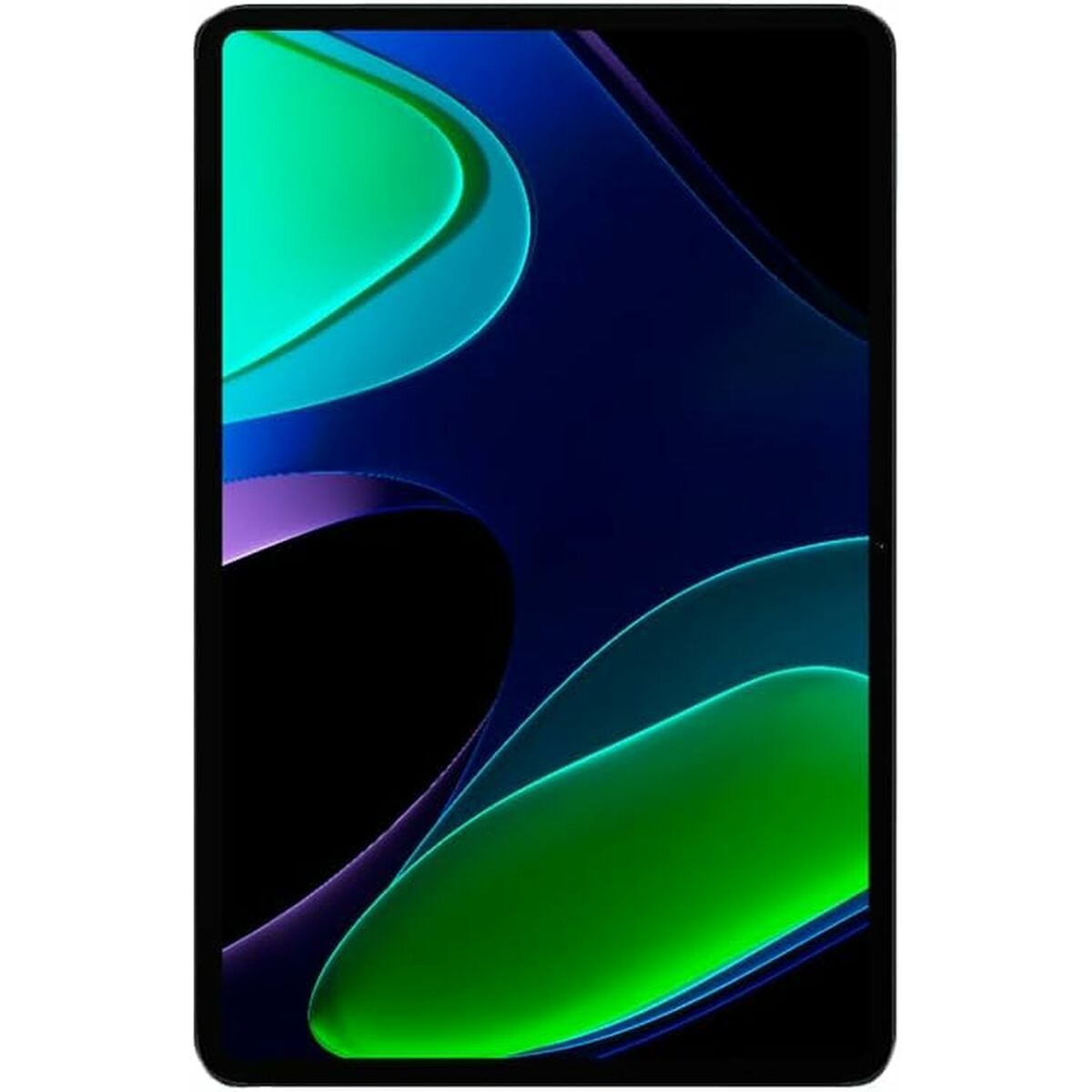 Tablet mit buntem, abstraktem Hintergrund. Es zeigt grüne und blaue Formen.