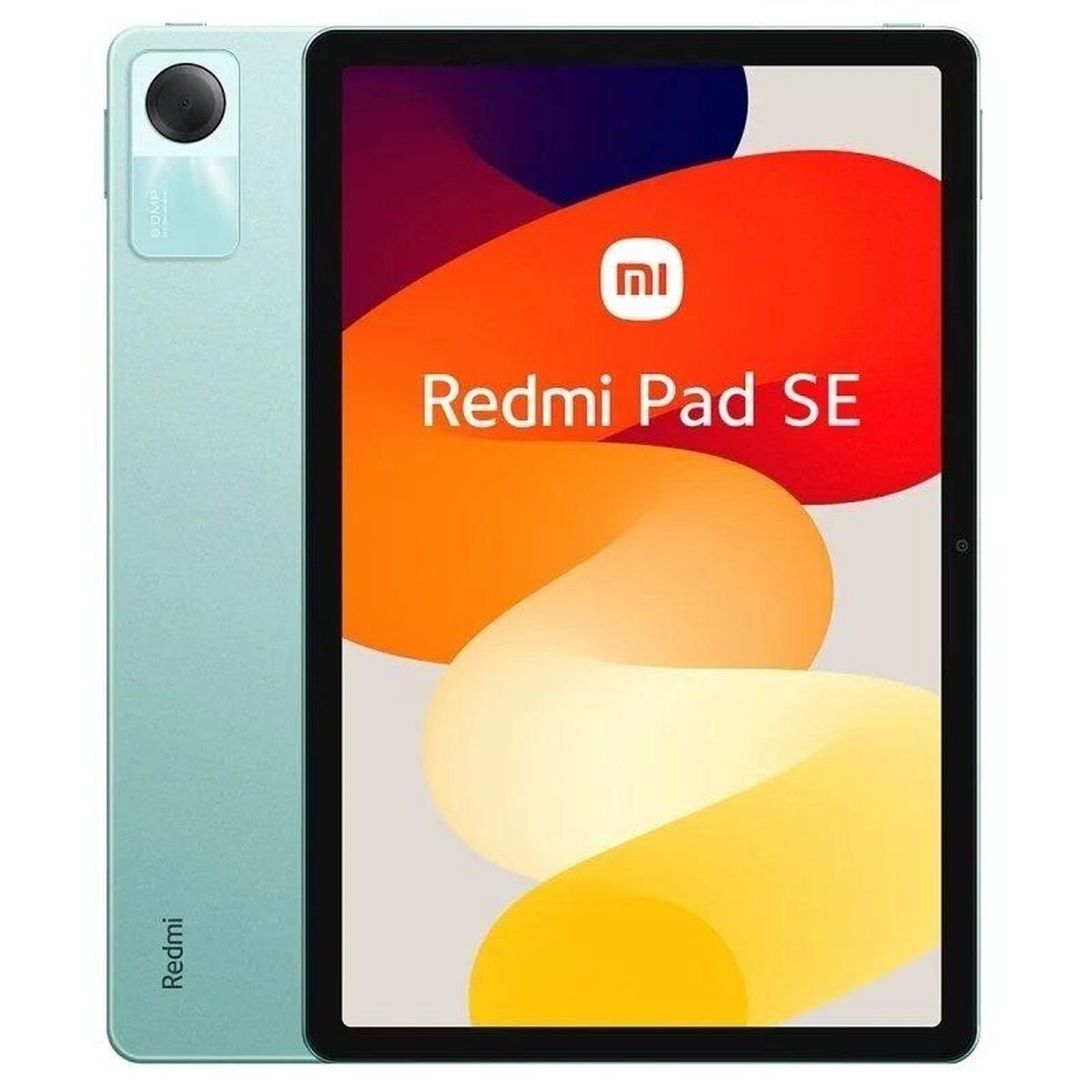 Tableta verde con logo Redmi Pad SE sobre fondo blanco y naranja.