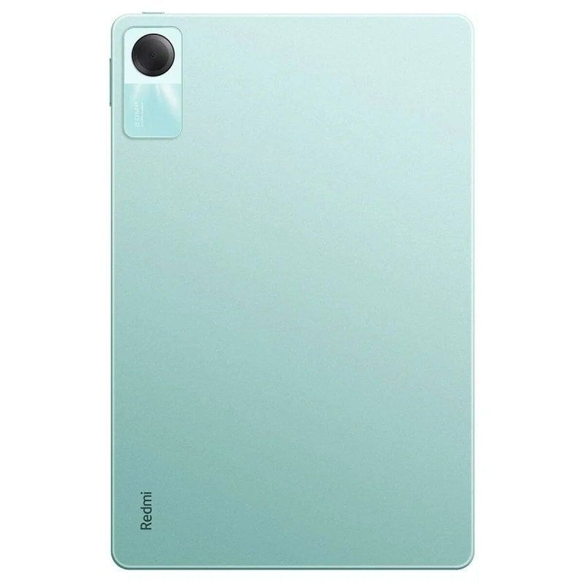 Una tableta verde claro con cámara arriba izquierda. Nombre de marca Redmi abajo.
