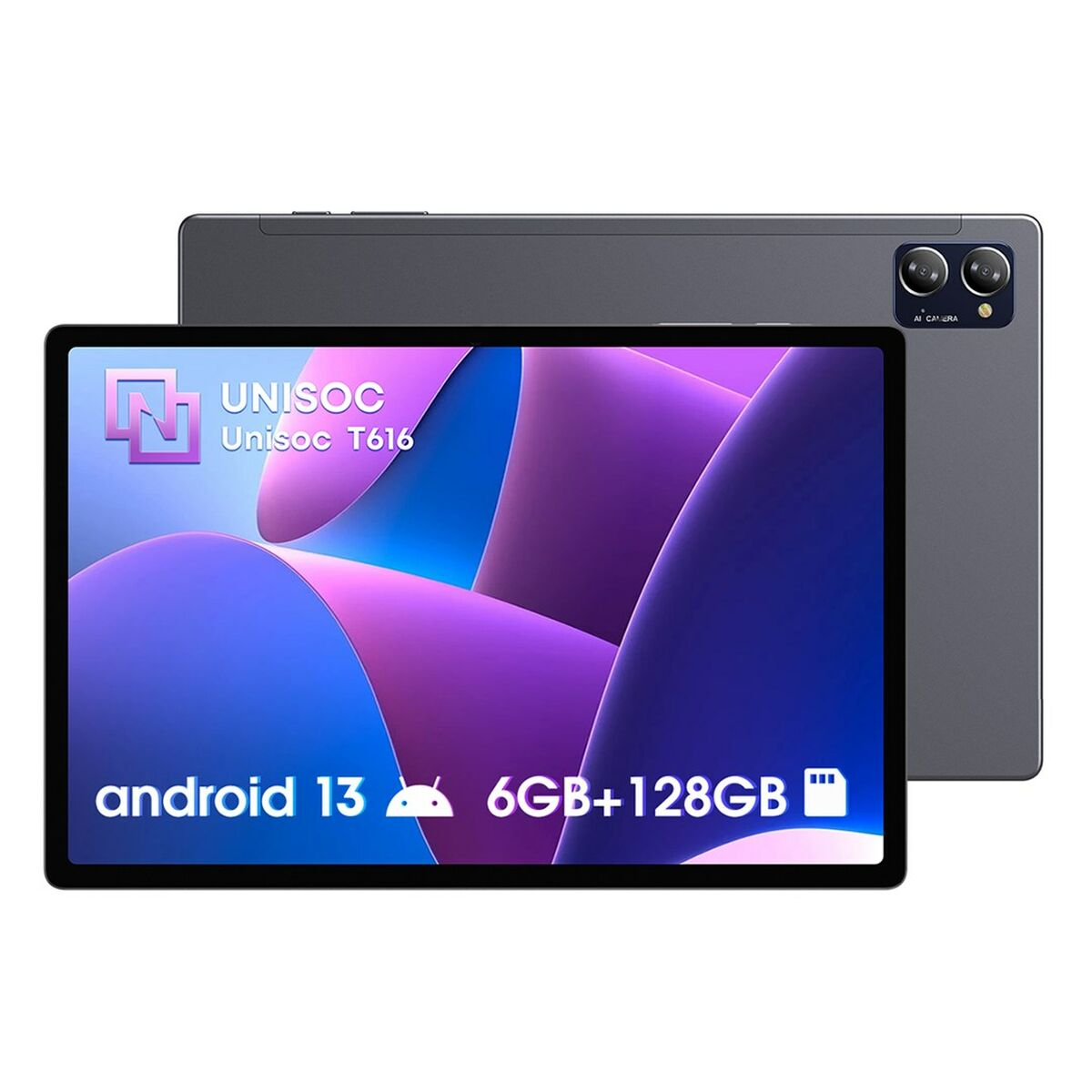 Tablet con display colorato che mostra Unisoc, Android 13. Vista posteriore: grigio. Sfondo bianco.