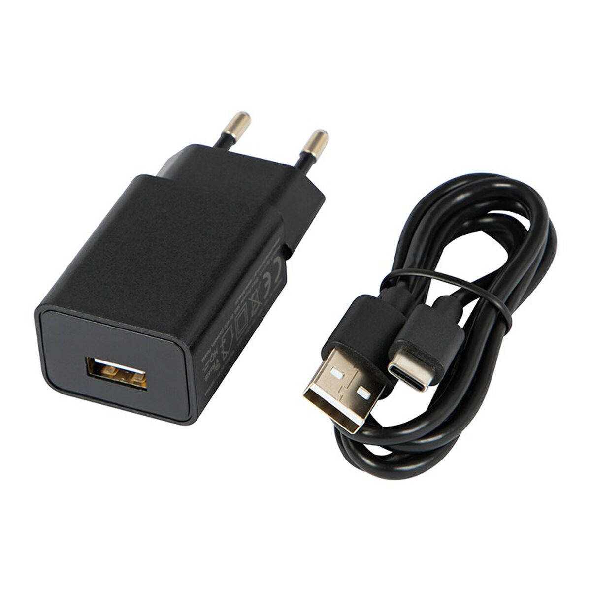 Czarna ładowarka USB z portem USB i czarny kabel ze złączami USB i USB-C.