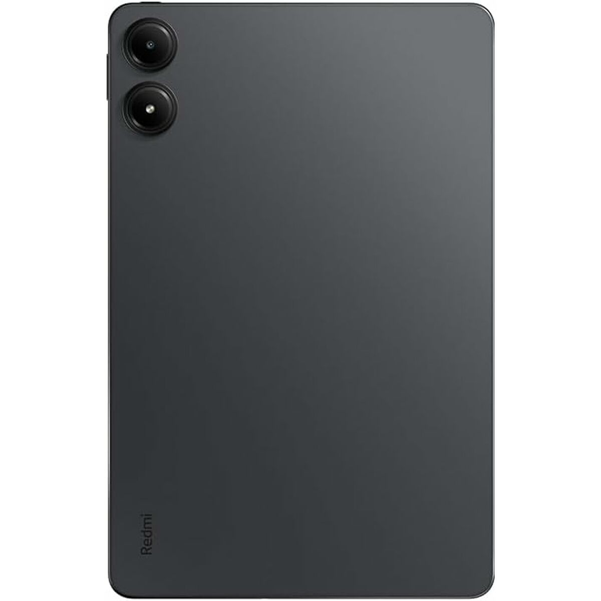 La parte trasera de una tableta gris oscuro con dos lentes de cámara y el logotipo de Redmi.