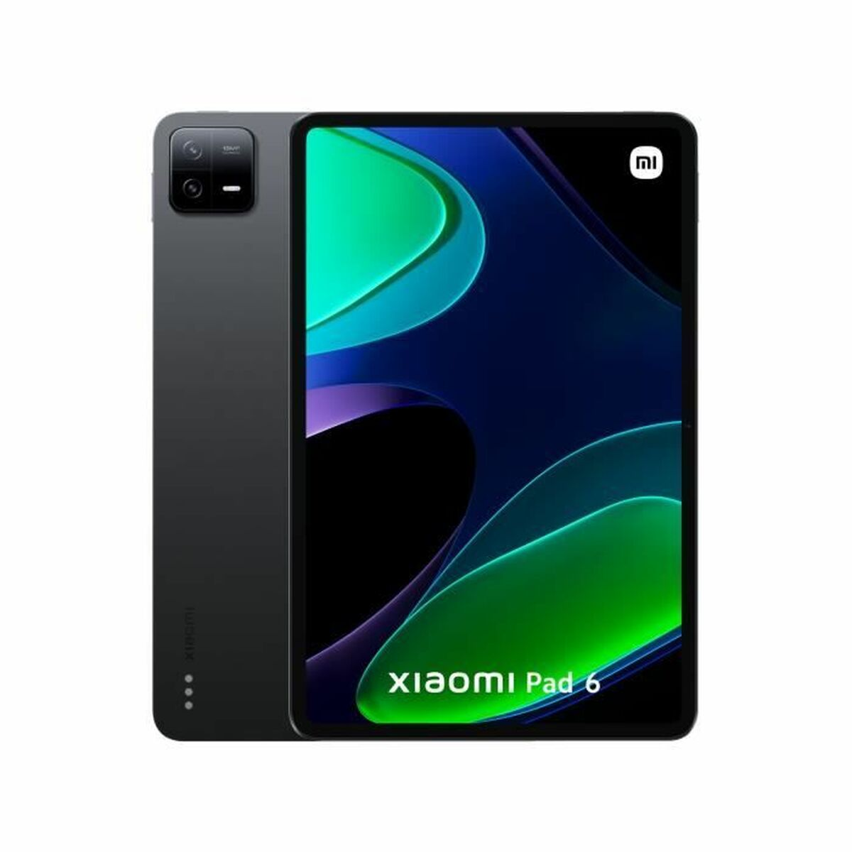 Czarny tablet Xiaomi Pad 6. Ma wybrzuszenie kamery, wyświetlacz z zielonymi i niebieskimi wizualizacjami oraz logo Xiaomi.