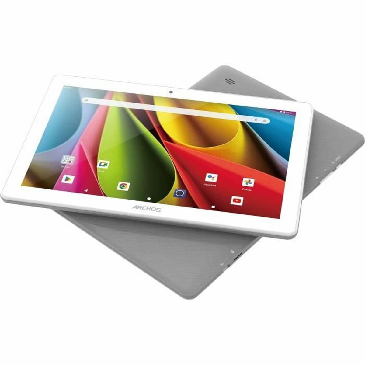 Witte tablet op grijs oppervlak. Scherm toont app-iconen. Witte rand.