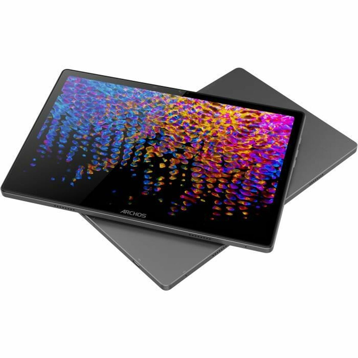 Tablet grigio, vista angolata, schermo mostra arte astratta colorata, sfondo nero.