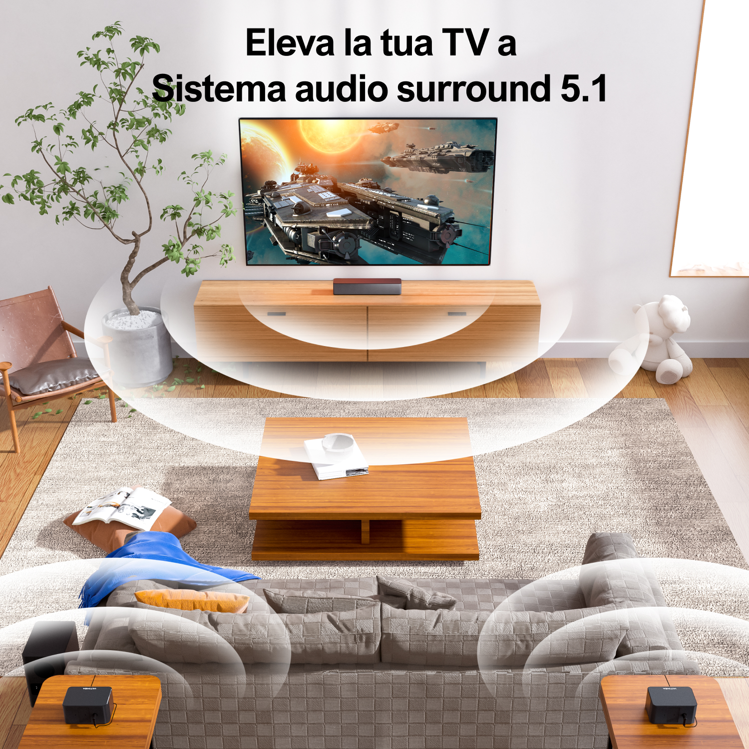 Un soggiorno con TV, soundbar e due altoparlanti. Il testo dice 'Eleva la tua TV a sistema audio surround 5.1'.