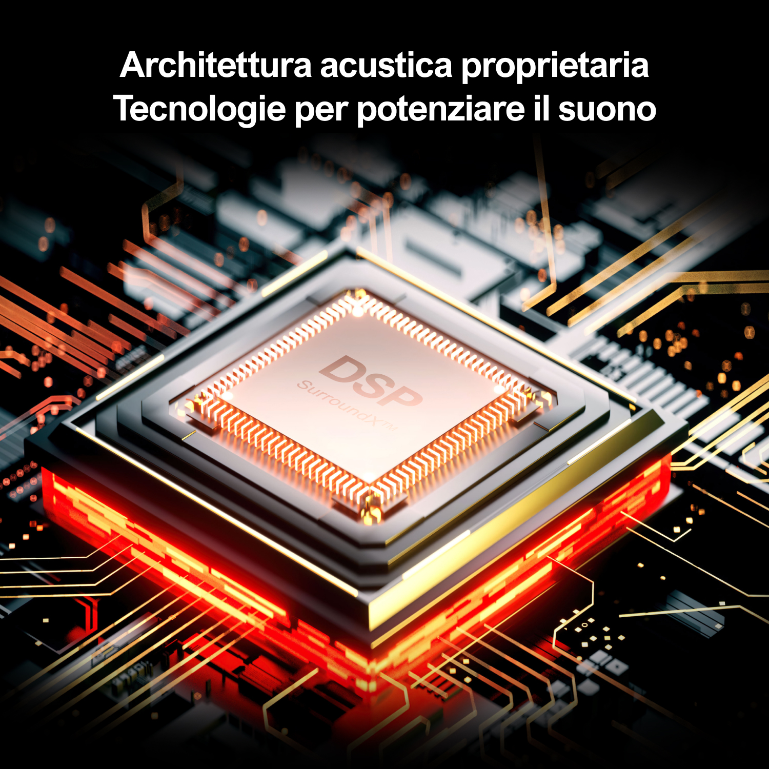Un primo piano di un chip di computer con accenti rossi e dorati. Il testo in alto recita: "Architettura acustica proprietaria". Il chip è illuminato.