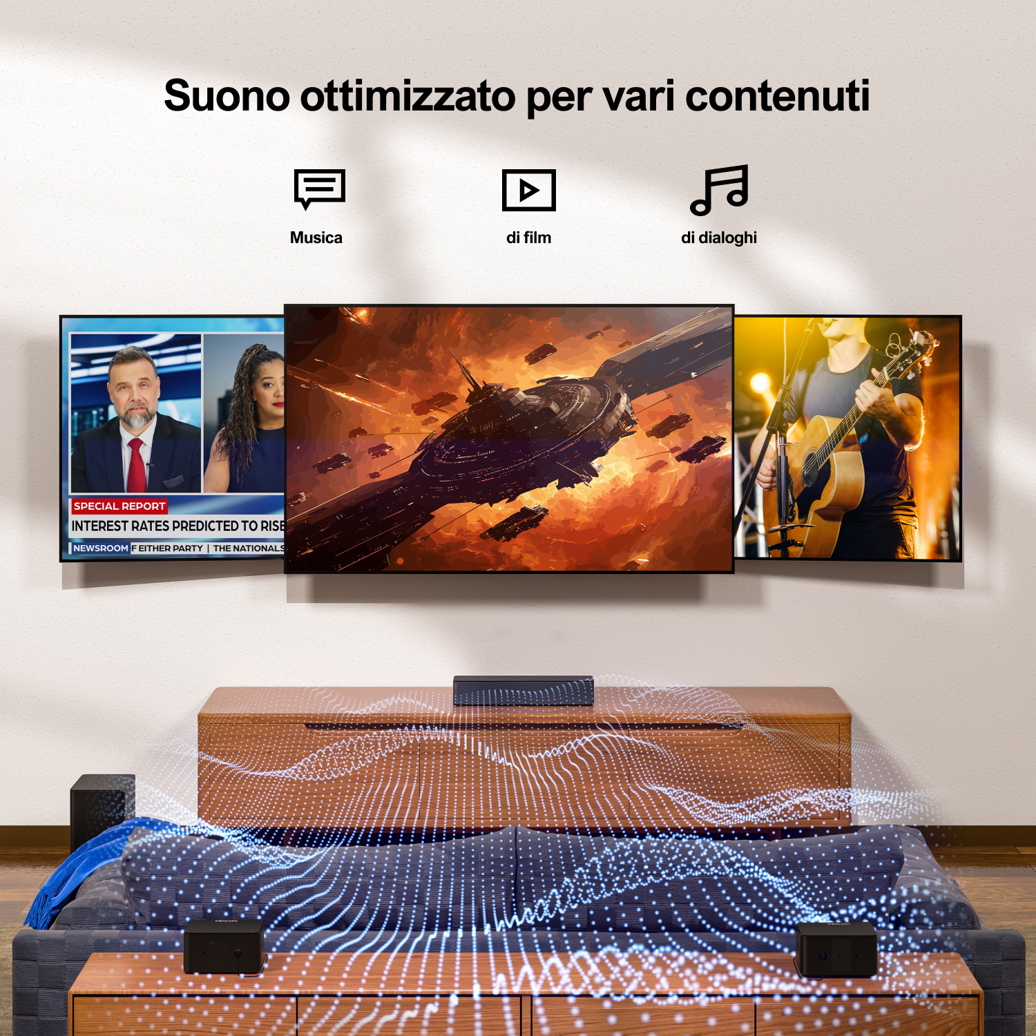 Un sistema di home entertainment con tre TV che mostrano contenuti diversi e altoparlanti.