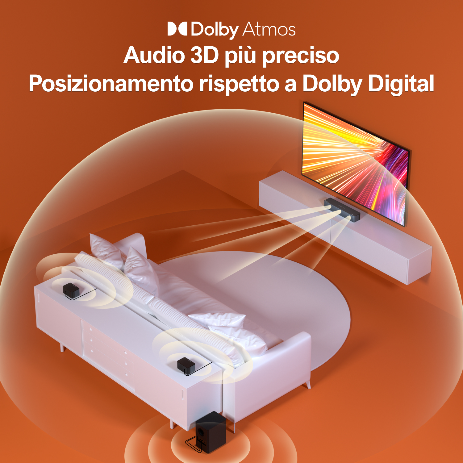 Un salotto con divano, TV e altoparlanti. Le onde sonore provengono dagli altoparlanti. Il logo Dolby Atmos è visibile.