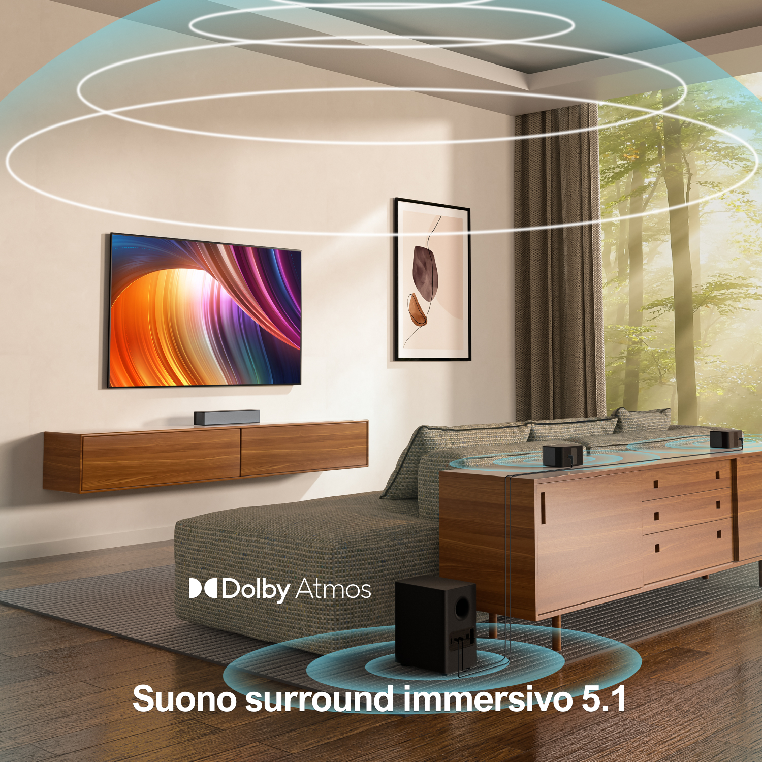 Una scena di soggiorno con TV, soundbar e subwoofer, con marchio Dolby Atmos.