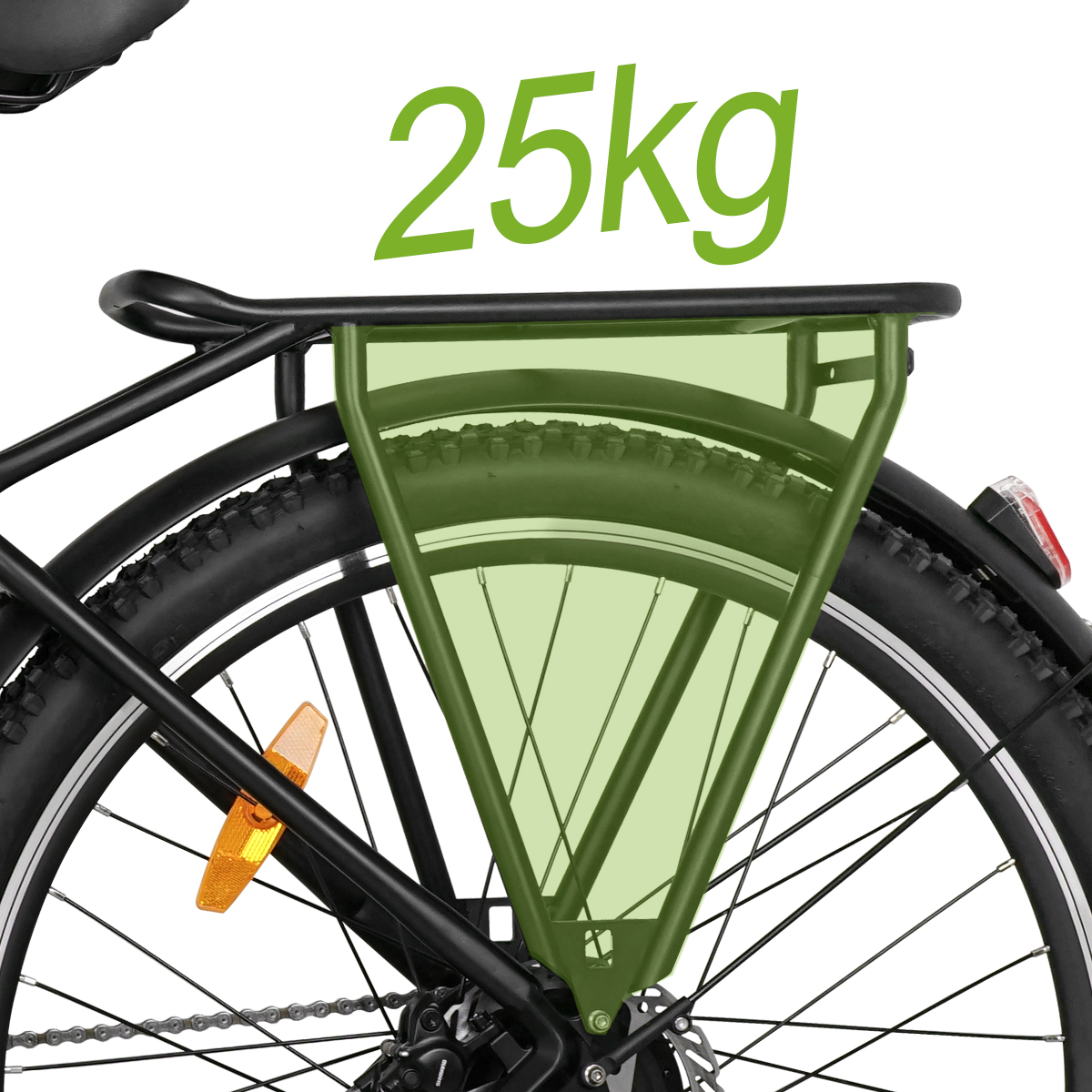 Das Heck eines Fahrrads mit grünem Gepäckträger, das eine Gewichtsbegrenzung von 25 kg anzeigt.