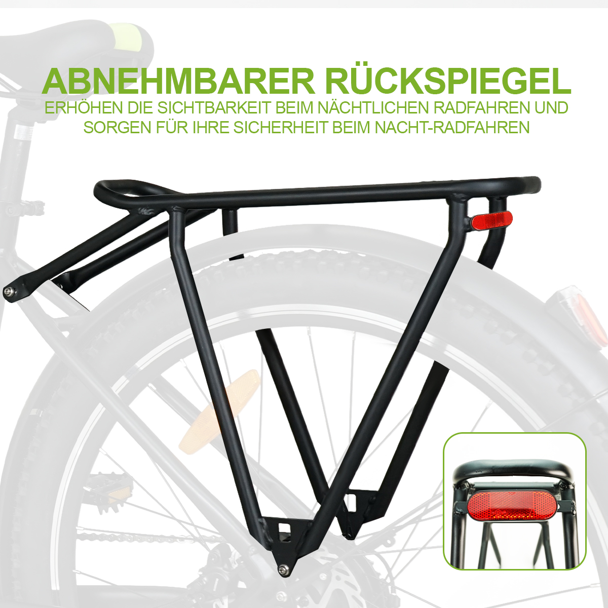 Schwarzer Fahrradgepäckträger mit rotem Reflektor. Text auf Deutsch oben.